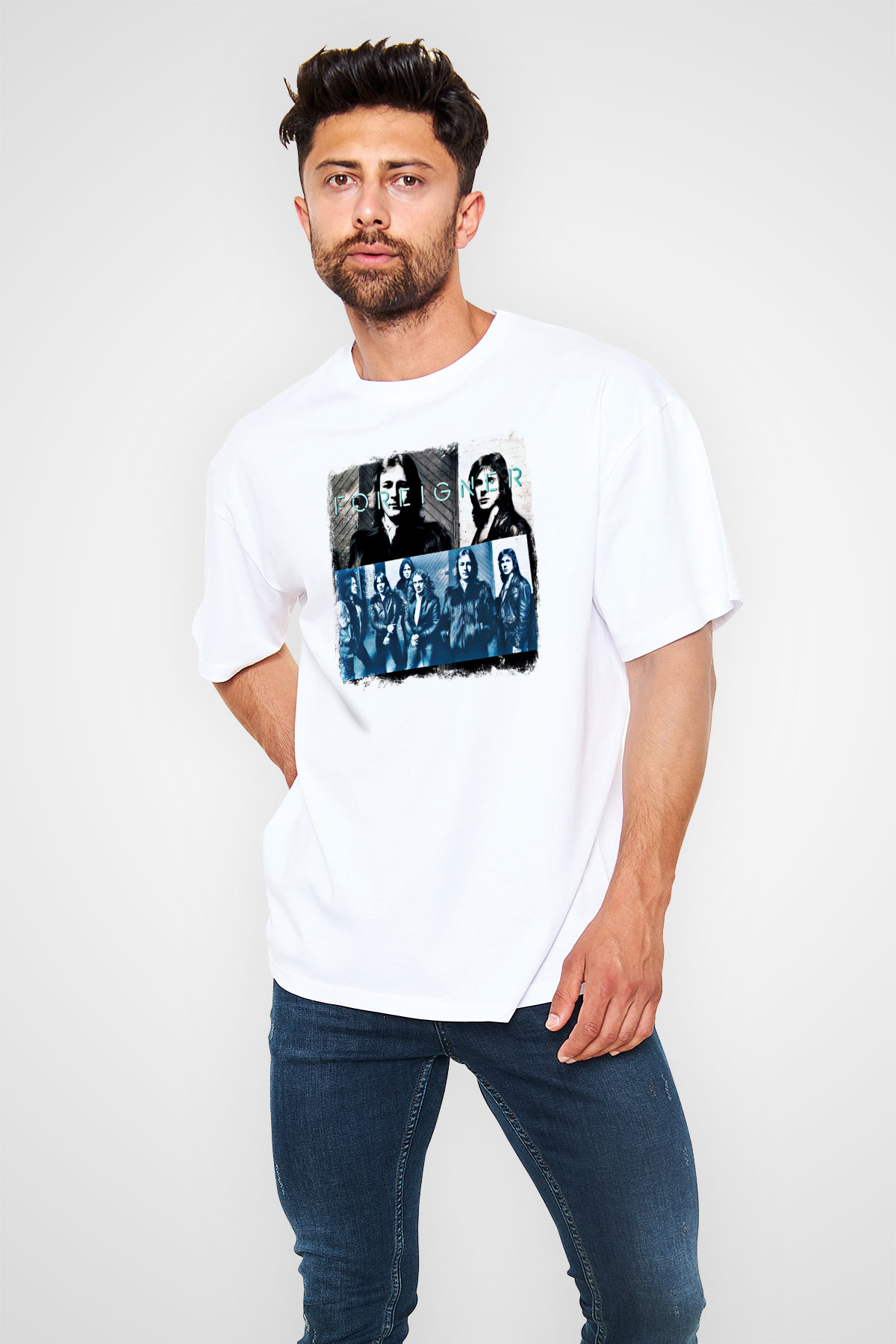 Foreigner Baskılı Unisex Beyaz Oversize Tişört