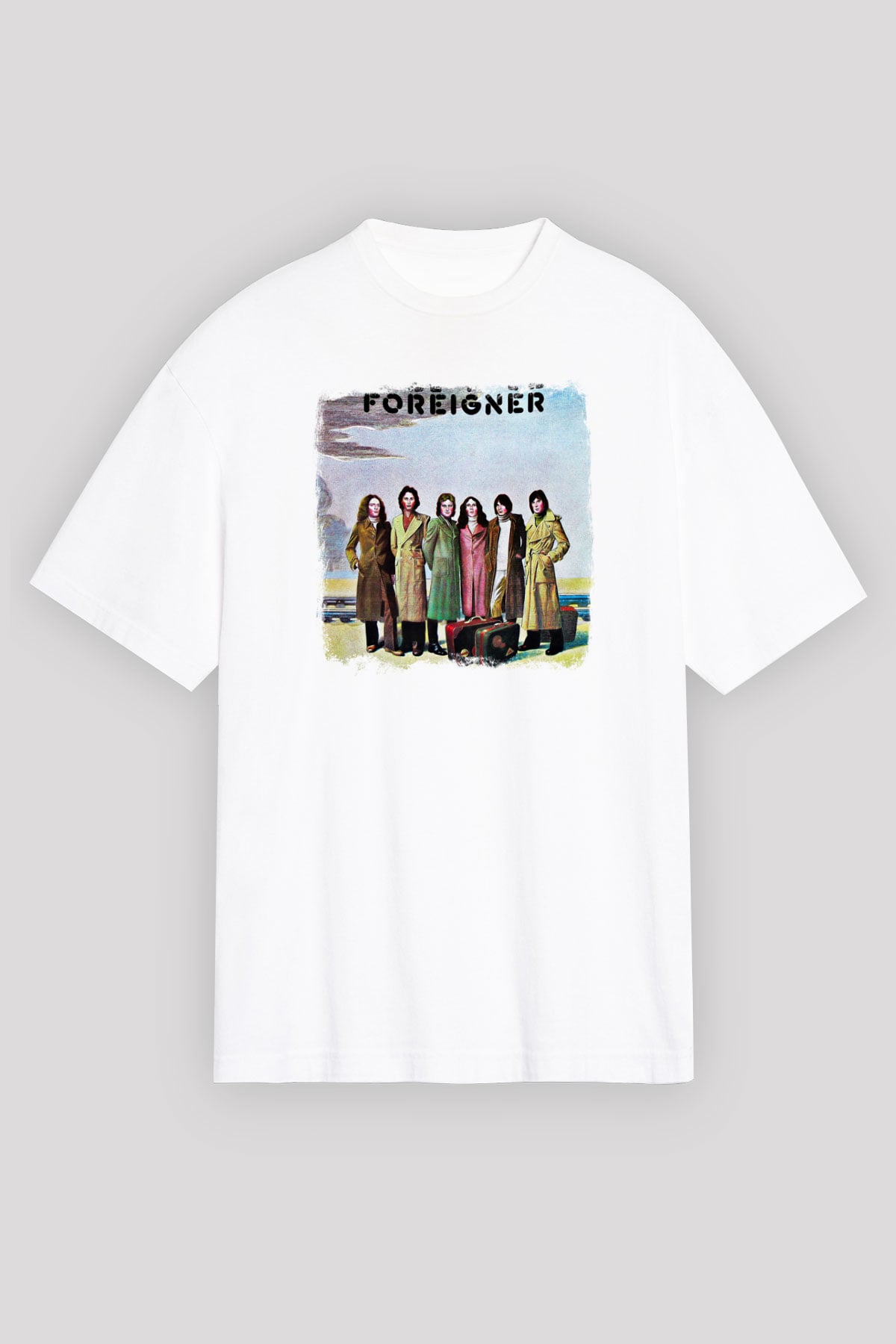 Foreigner Baskılı Unisex Beyaz Oversize Tişört