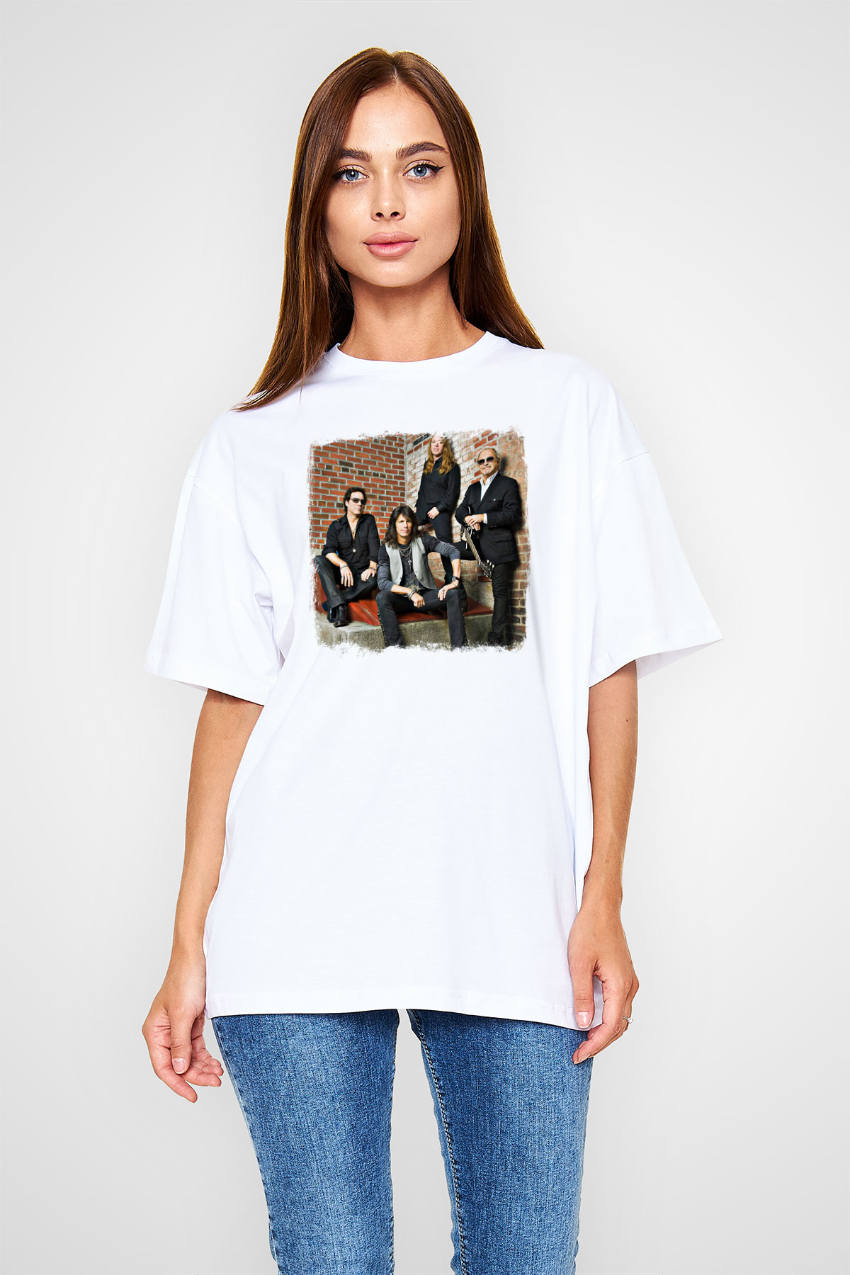 Foreigner Baskılı Unisex Beyaz Oversize Tişört