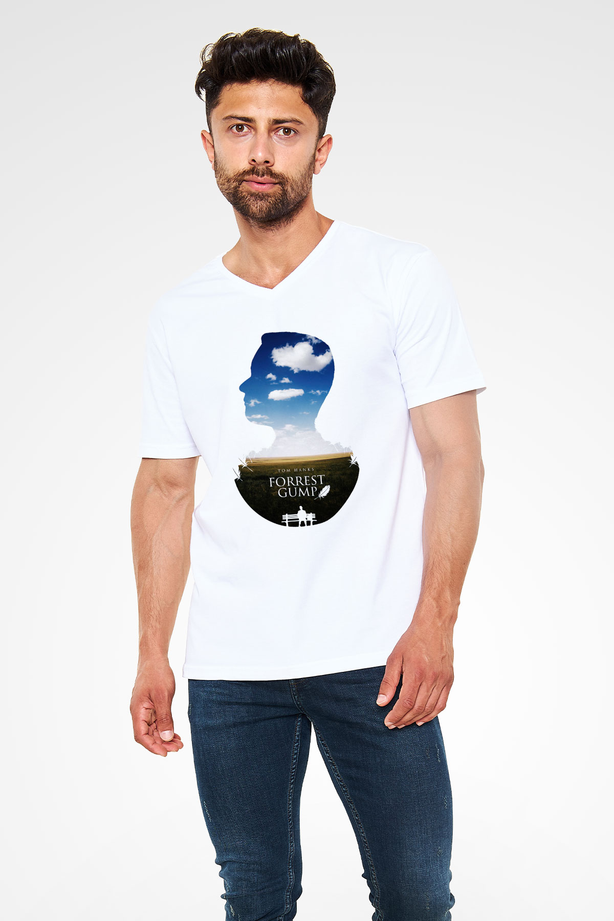 Forrest Gump Beyaz Unisex V Yaka Tişört