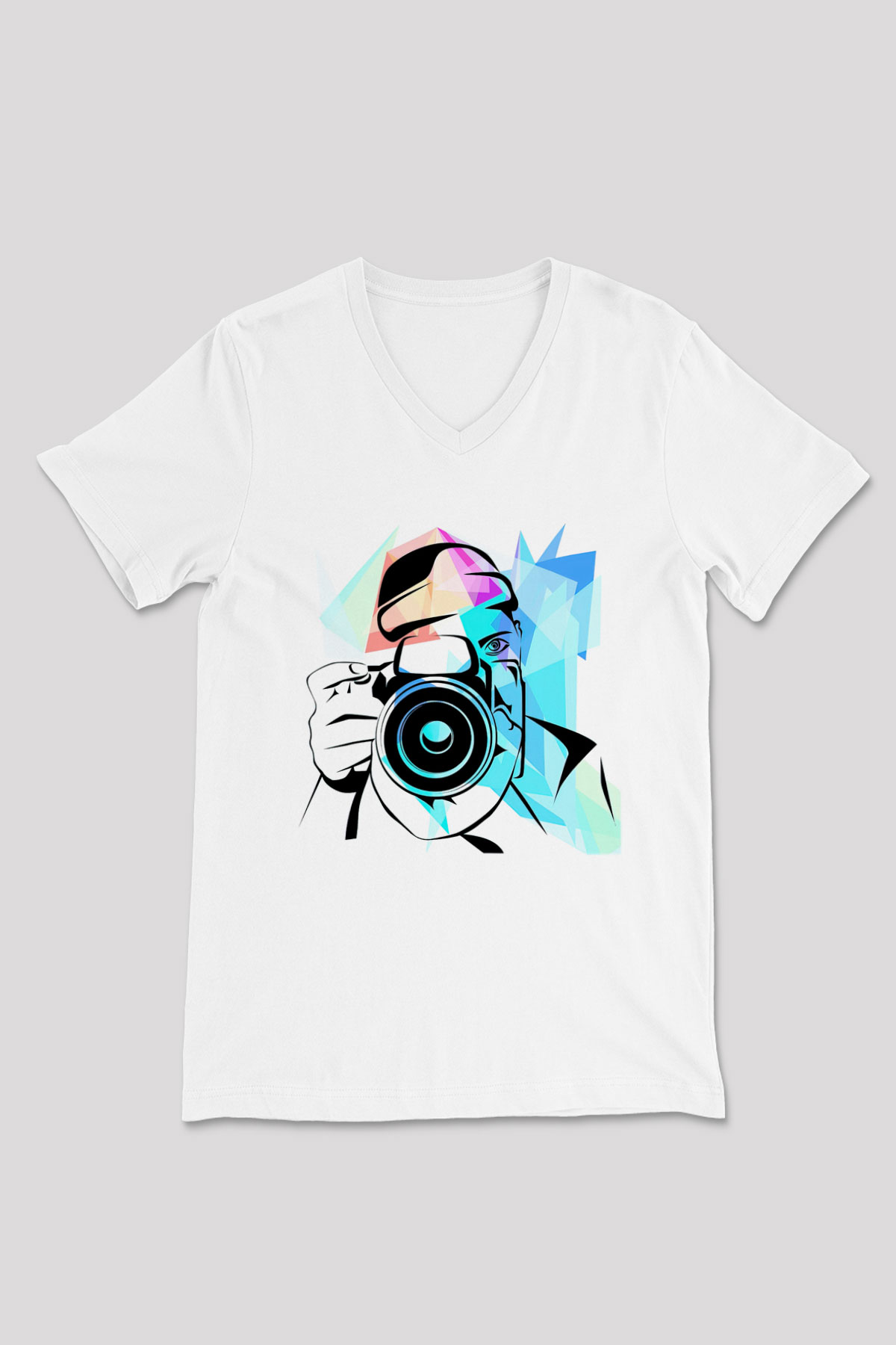 Fotoğrafçı Beyaz Unisex V Yaka Tişört T-Shirt