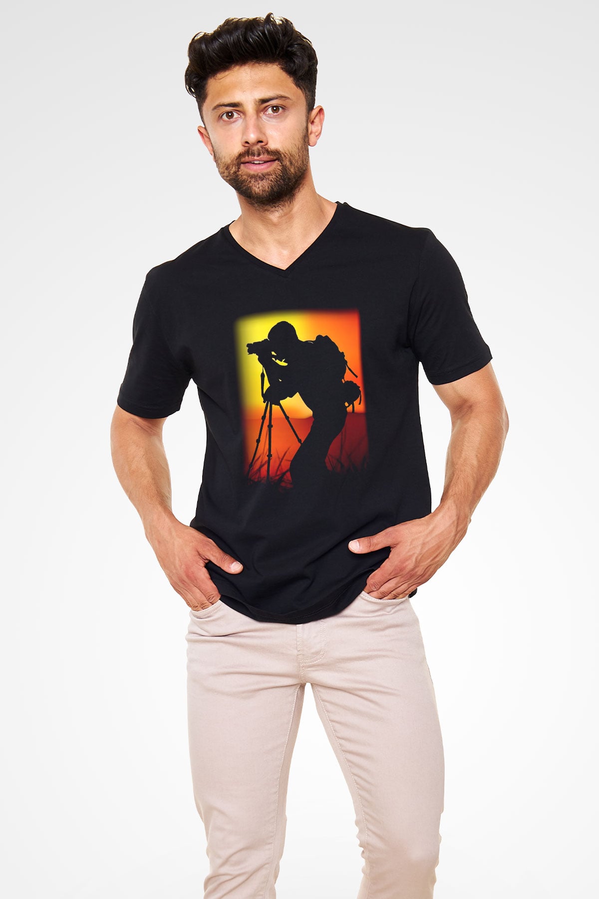 Fotoğrafçı Siyah Unisex V Yaka Tişört T-Shirt
