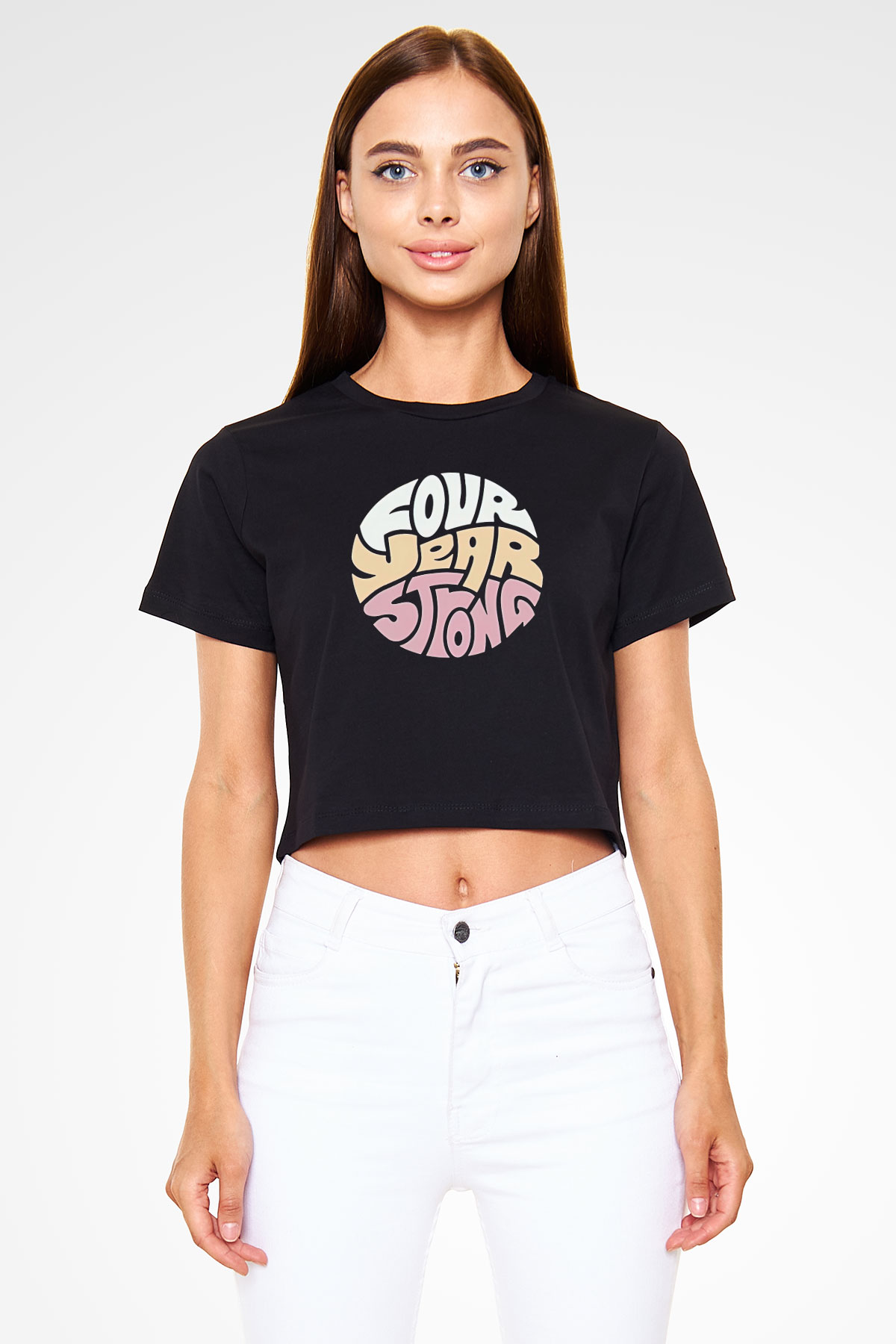 Four Year Strong Baskılı Siyah Crop Top Kadın Tişört - Tshirt