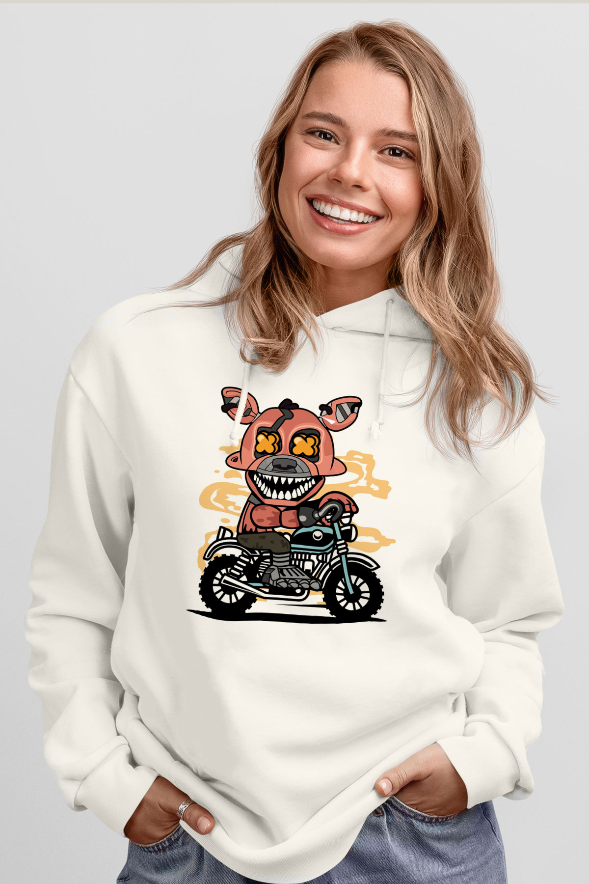 Foxy Motocross Baskılı Unisex Beyaz Hoodie
