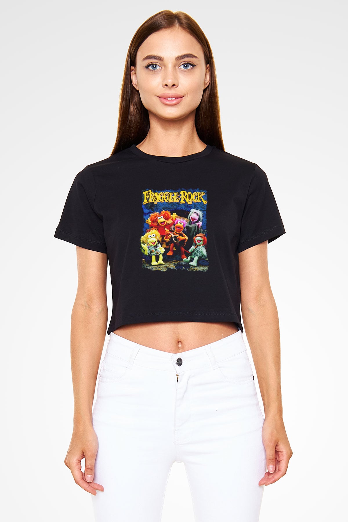 Fraggle Rock Siyah Crop Top Tişört