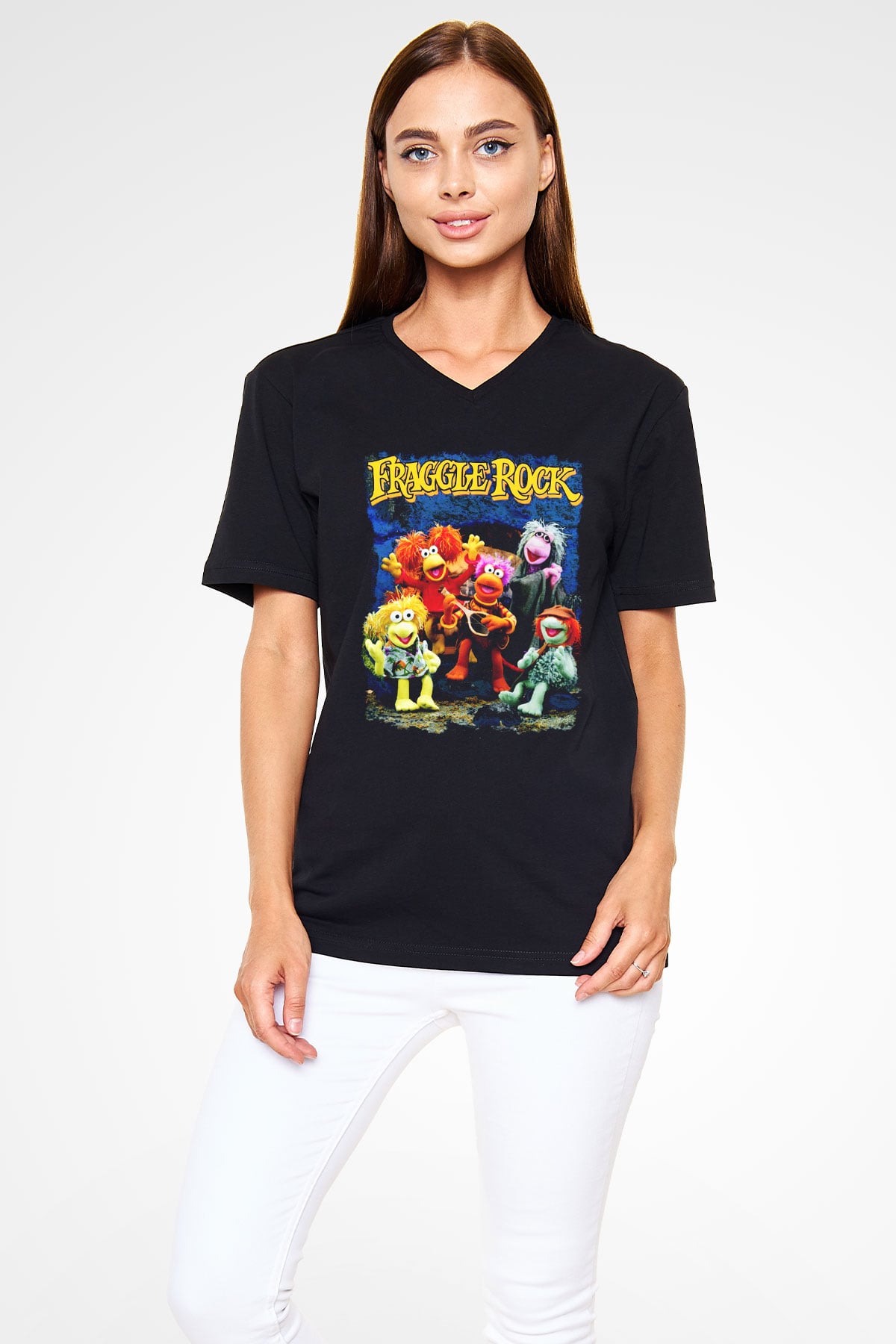 Fraggle Rock Siyah Unisex V Yaka Tişört