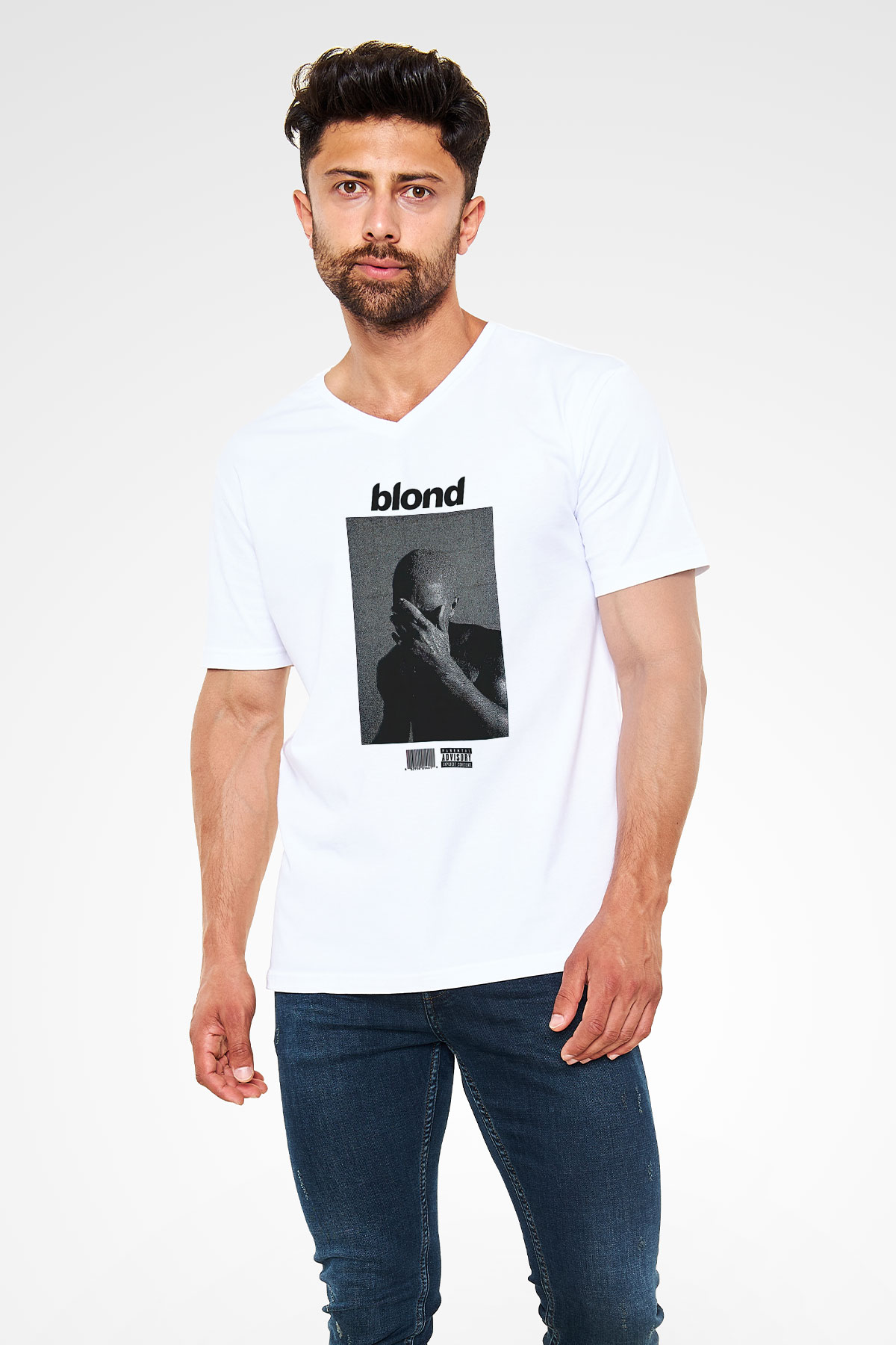 Frank Ocean Baskılı Beyaz Unisex V Yaka Tişört - Tshirt