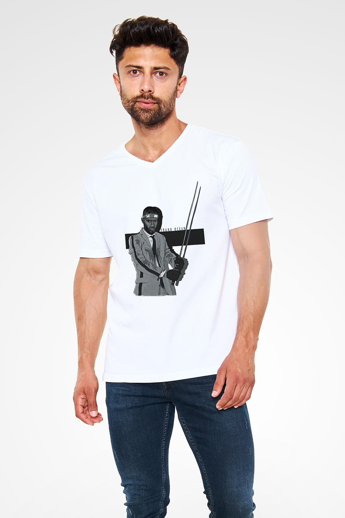 Frank Ocean Baskılı Beyaz Unisex V Yaka Tişört - Tshirt