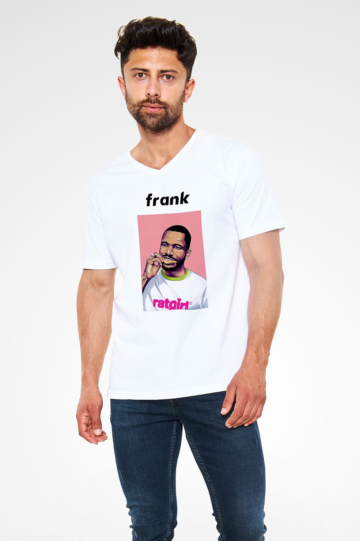 Frank Ocean Baskılı Beyaz Unisex V Yaka Tişört - Tshirt