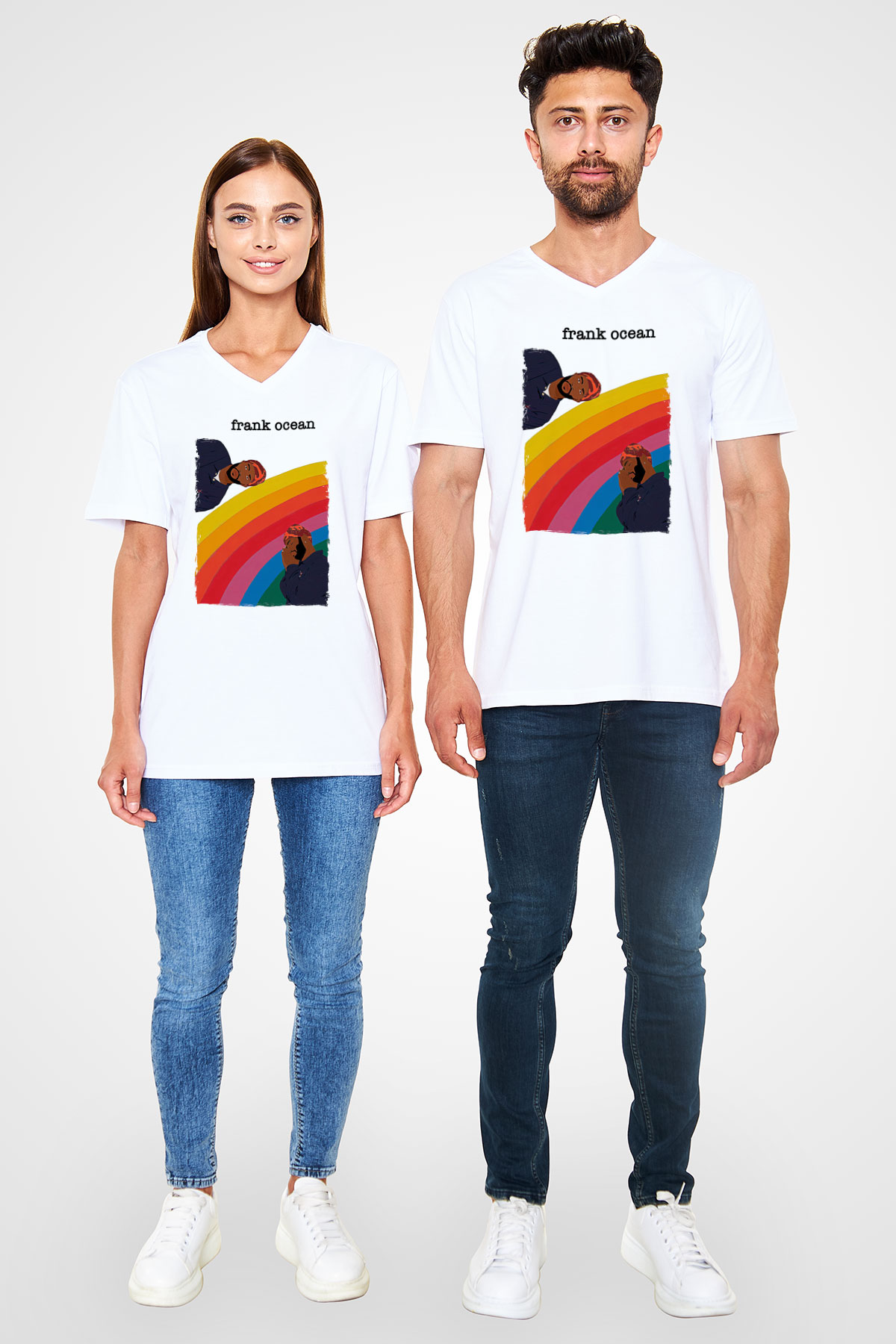 Frank Ocean Baskılı Beyaz Unisex V Yaka Tişört - Tshirt