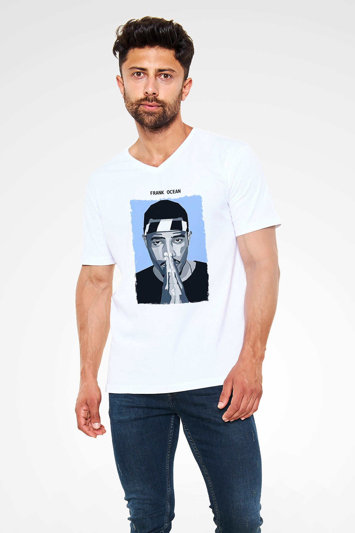 Frank Ocean Baskılı Beyaz Unisex V Yaka Tişört - Tshirt