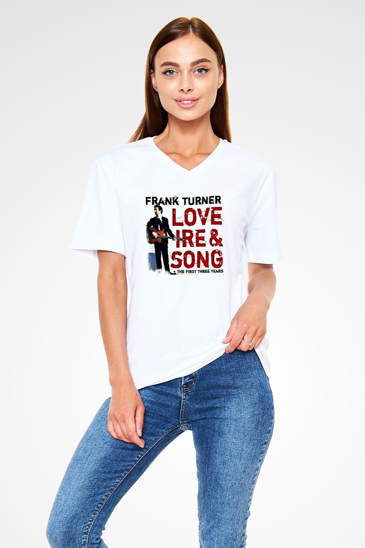 Frank Turner Baskılı Unisex Beyaz V Yaka Tişört