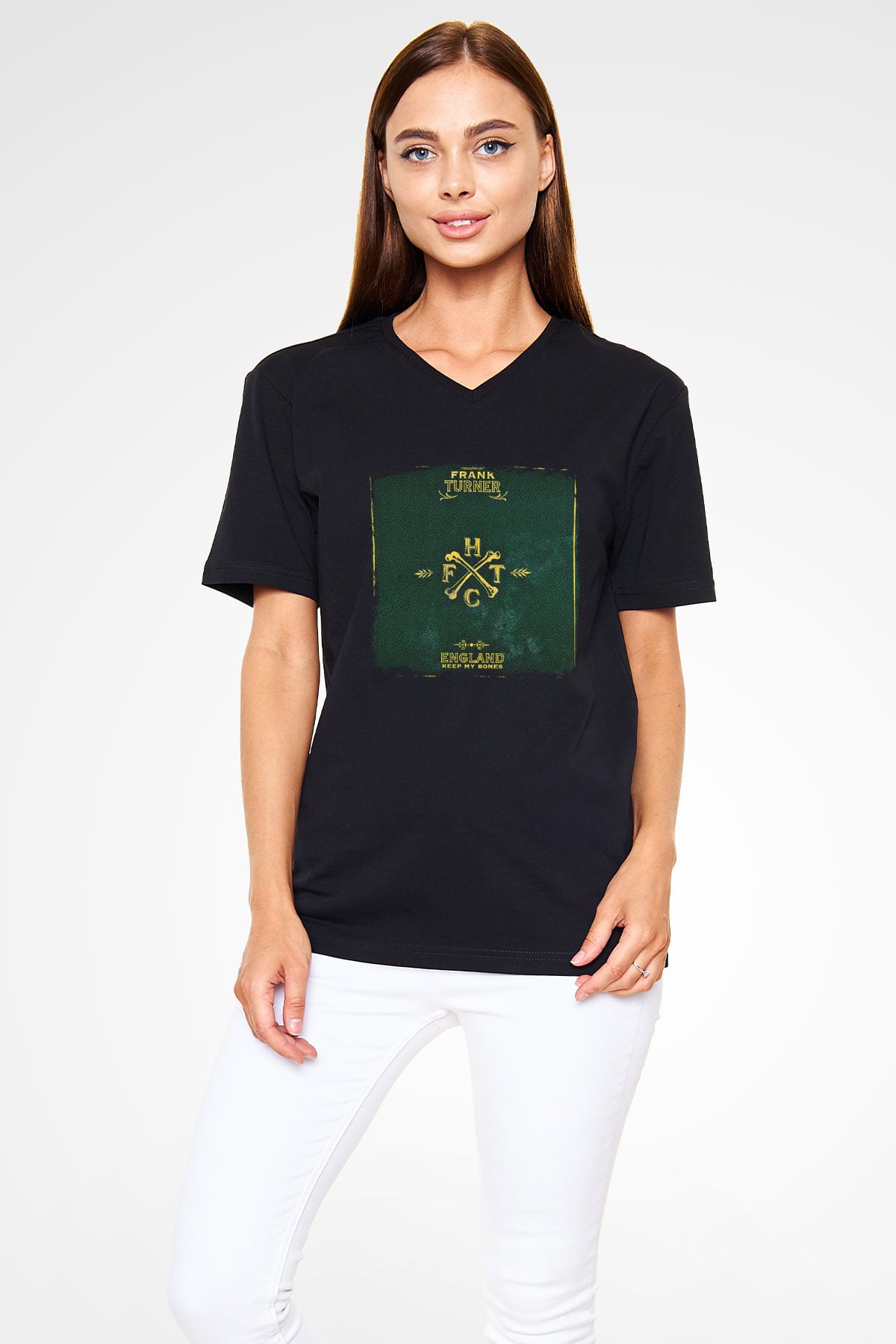 Frank Turner Baskılı Unisex Siyah V Yaka Tişört