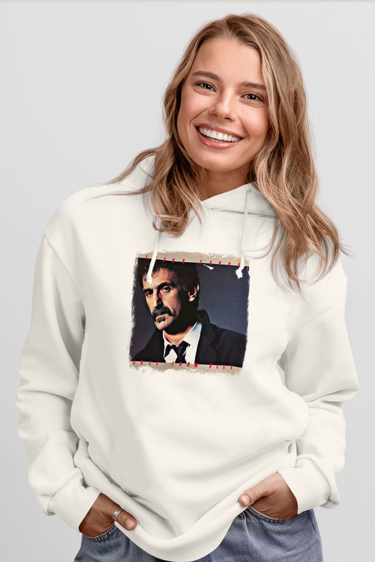 Frank Zappa Baskılı Unisex Beyaz Hoodie
