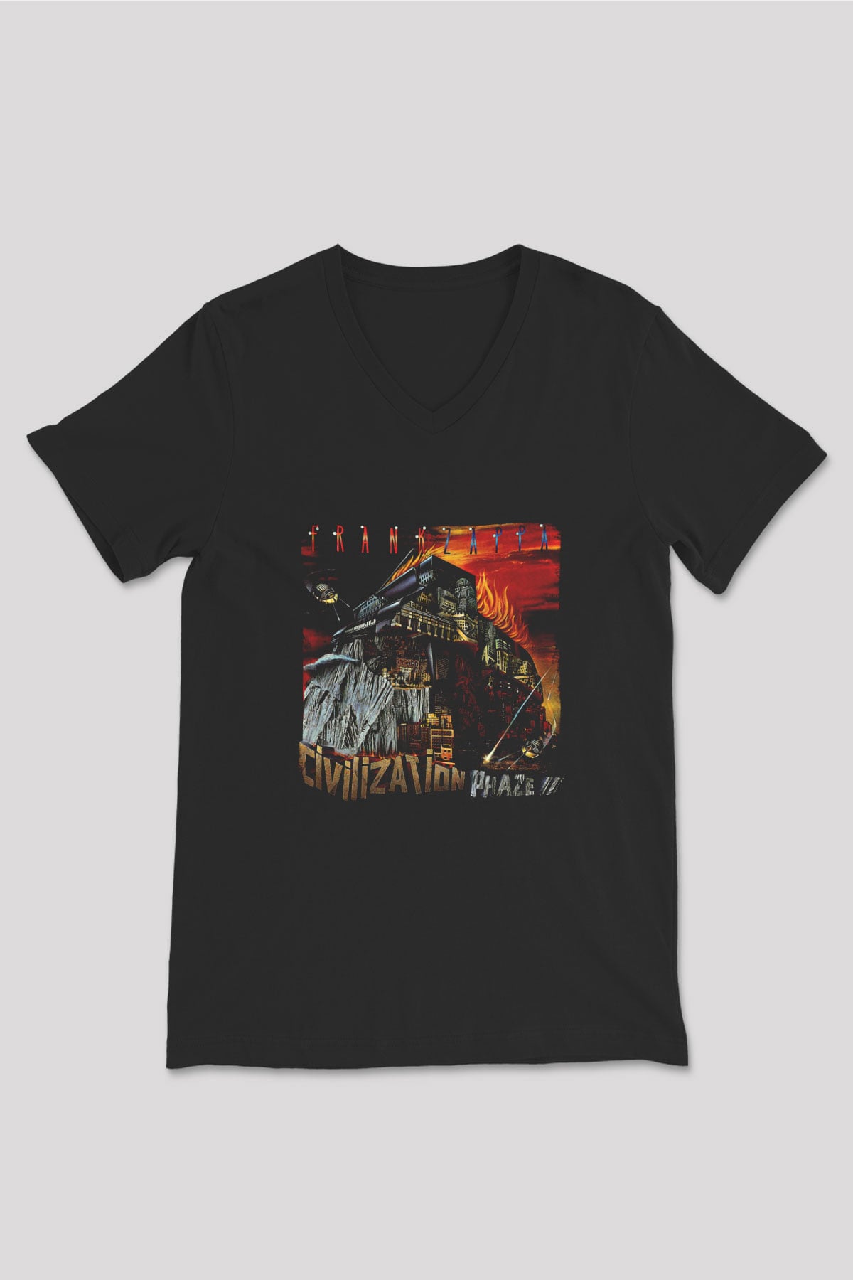 Frank Zappa Baskılı Unisex Siyah V Yaka Tişört
