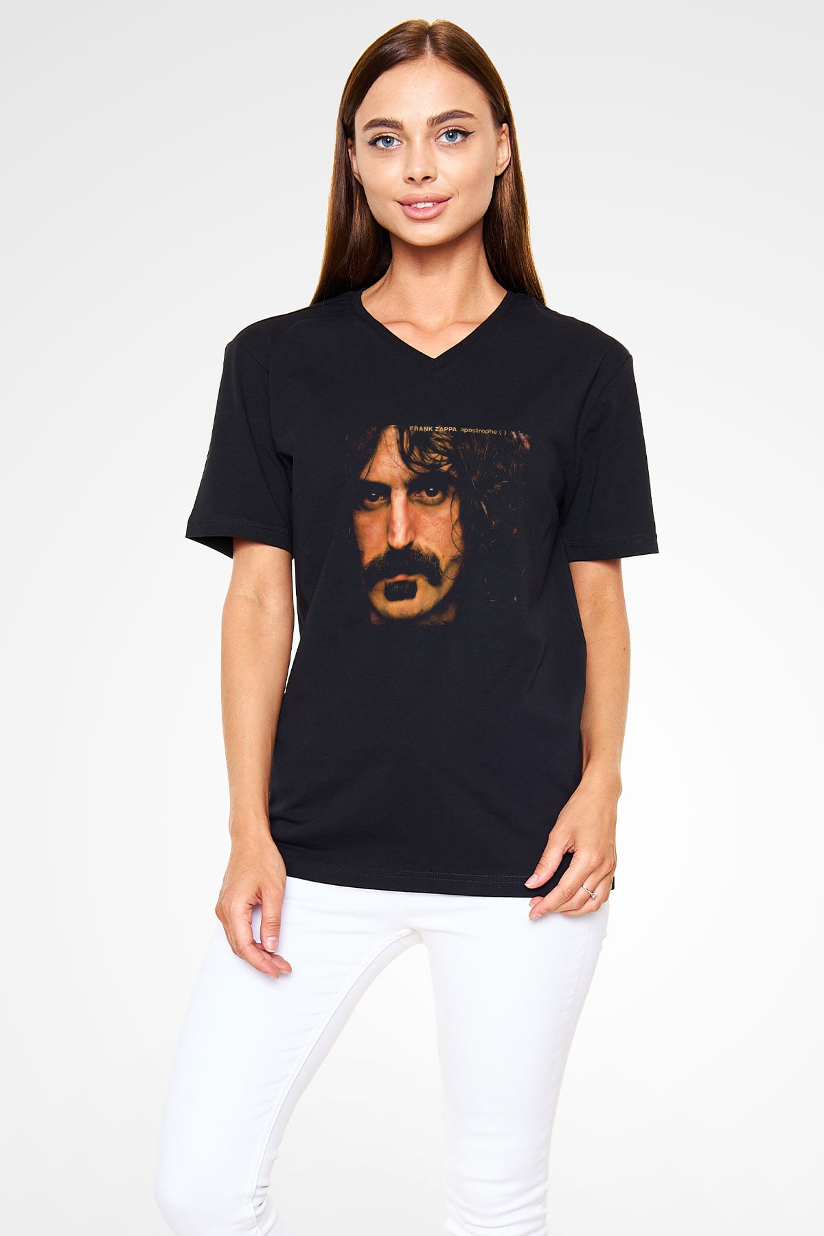 Frank Zappa Baskılı Unisex Siyah V Yaka Tişört