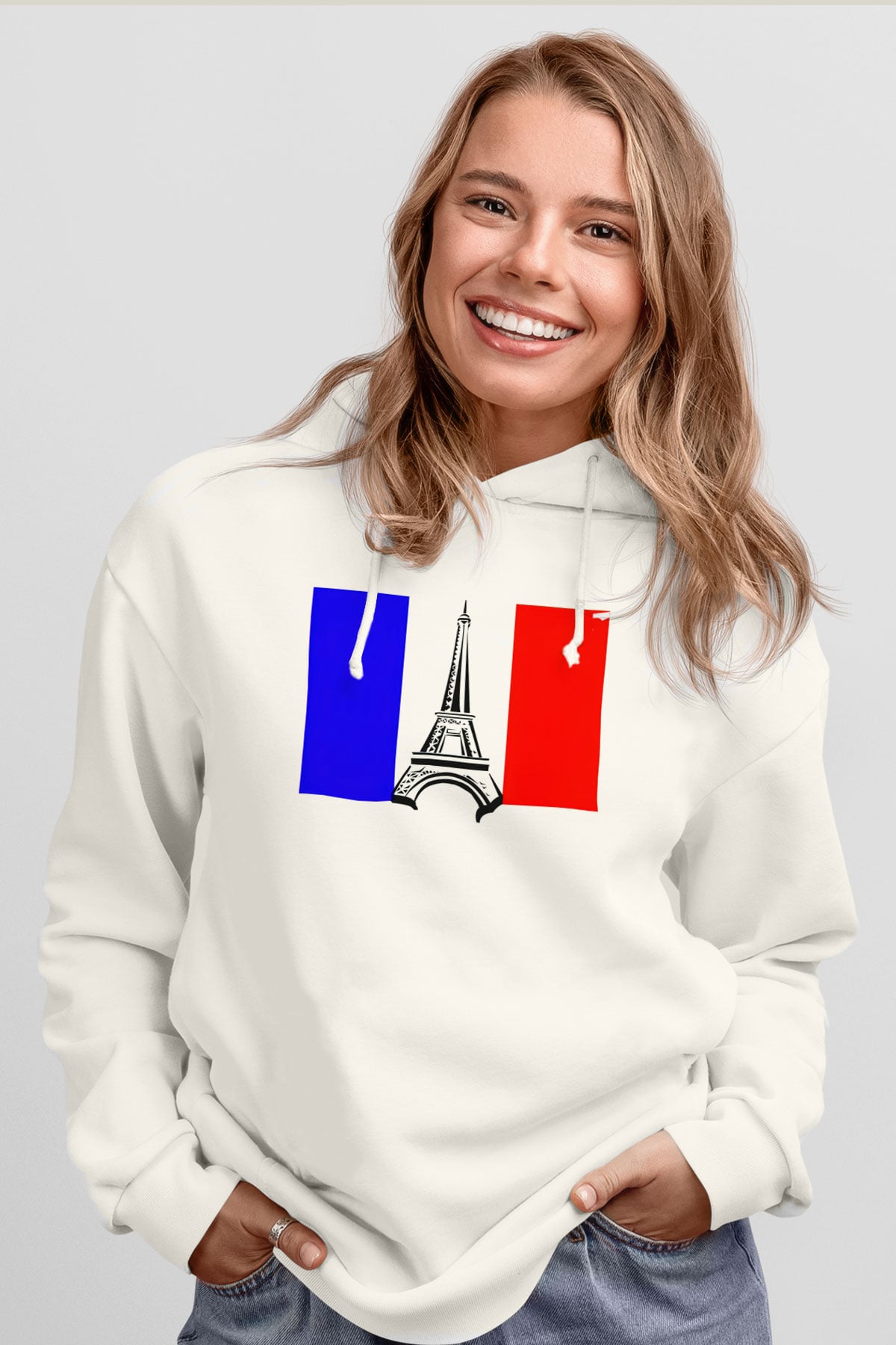 Fransa Beyaz Unisex Kapşonlu Sweatshirt