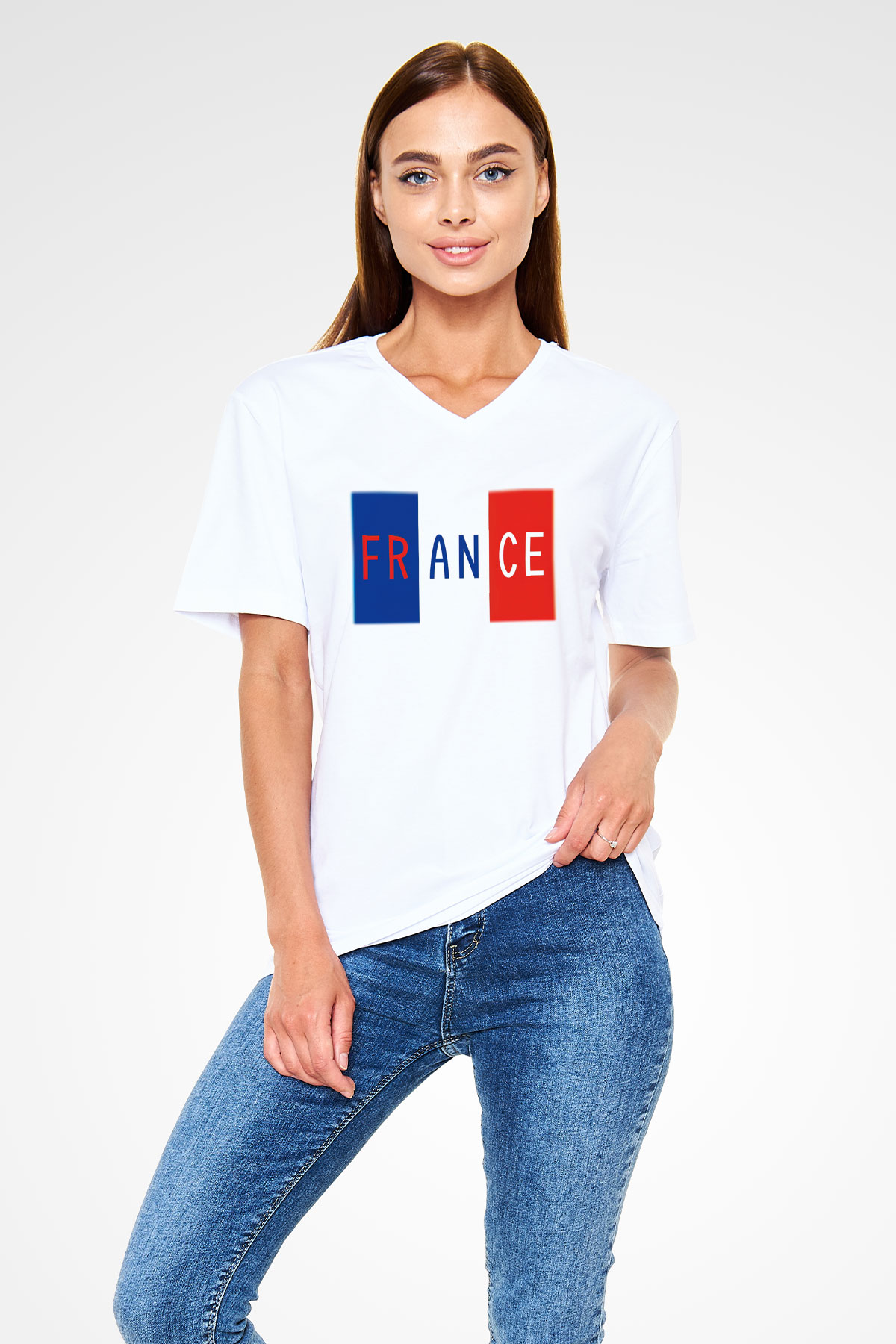 Fransa Beyaz Unisex V Yaka Tişört T-Shirt