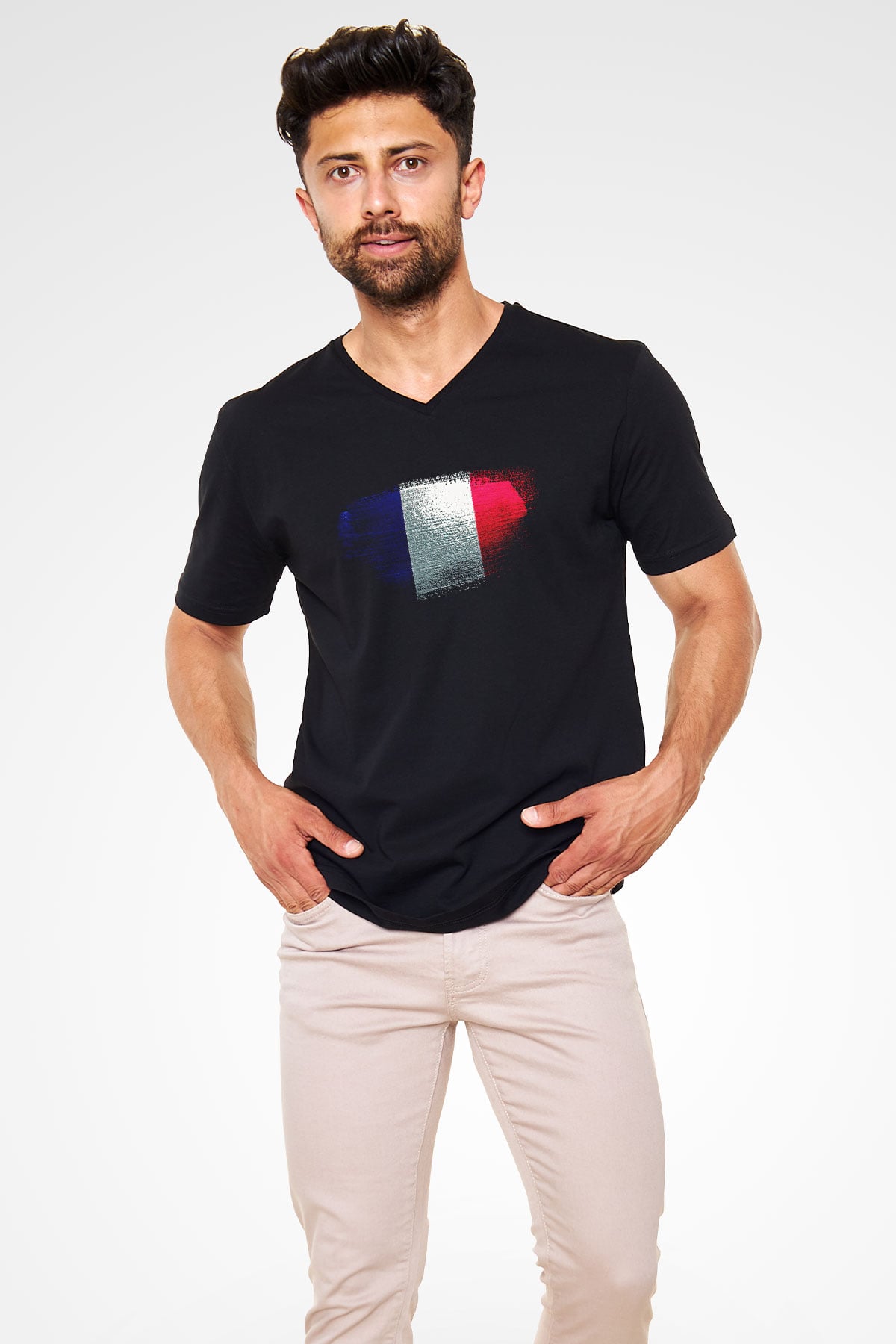 Fransa - France Bayrağı Baskılı Unisex Siyah V Yaka Tişört