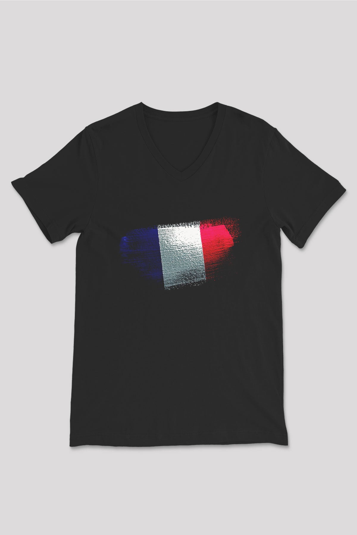 Fransa - France Bayrağı Baskılı Unisex Siyah V Yaka Tişört