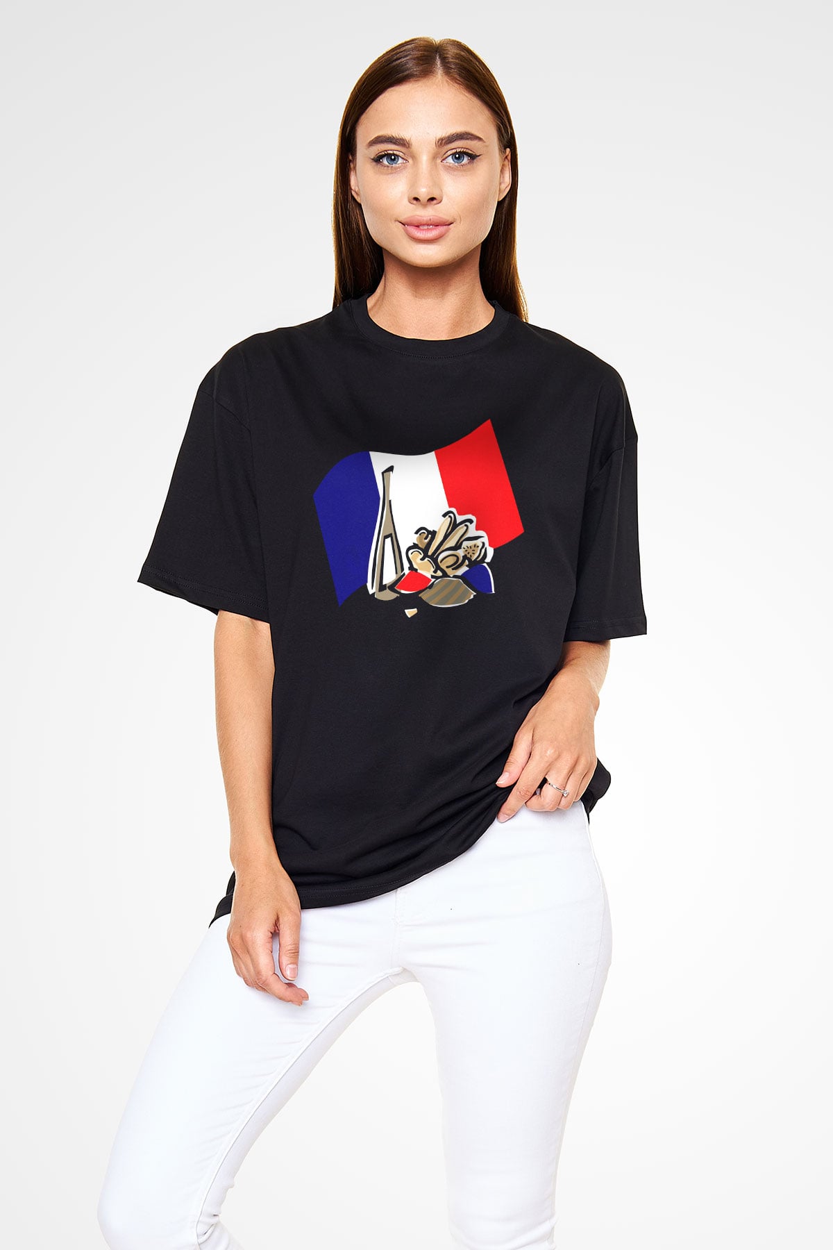 Fransa Siyah Unisex Oversize Tişört T-Shirt