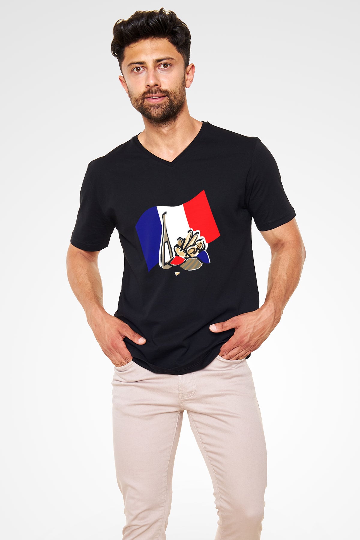 Fransa Siyah Unisex V Yaka Tişört T-Shirt