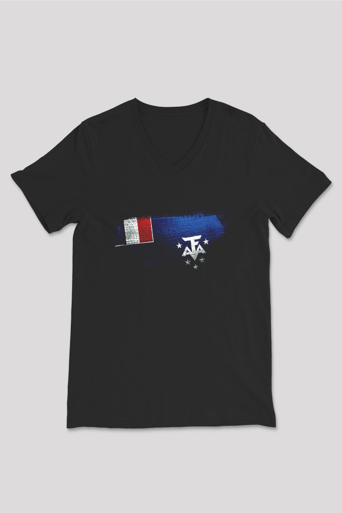 Fransız Güney Toprakları - French Southern Bayrağı Baskılı Unisex Siyah V Yaka Tişört