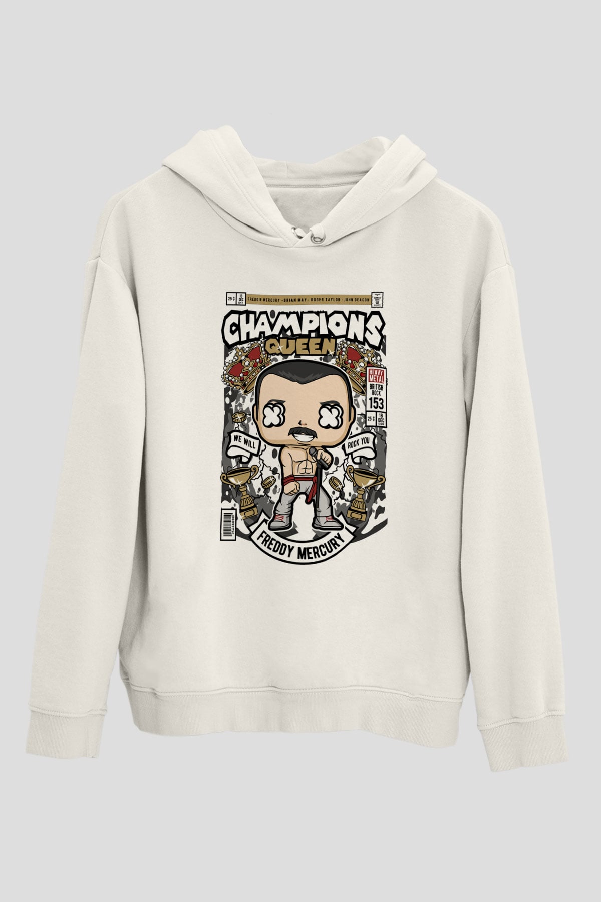 Freddy Mercuri Queen Baskılı Unisex Beyaz Hoodie