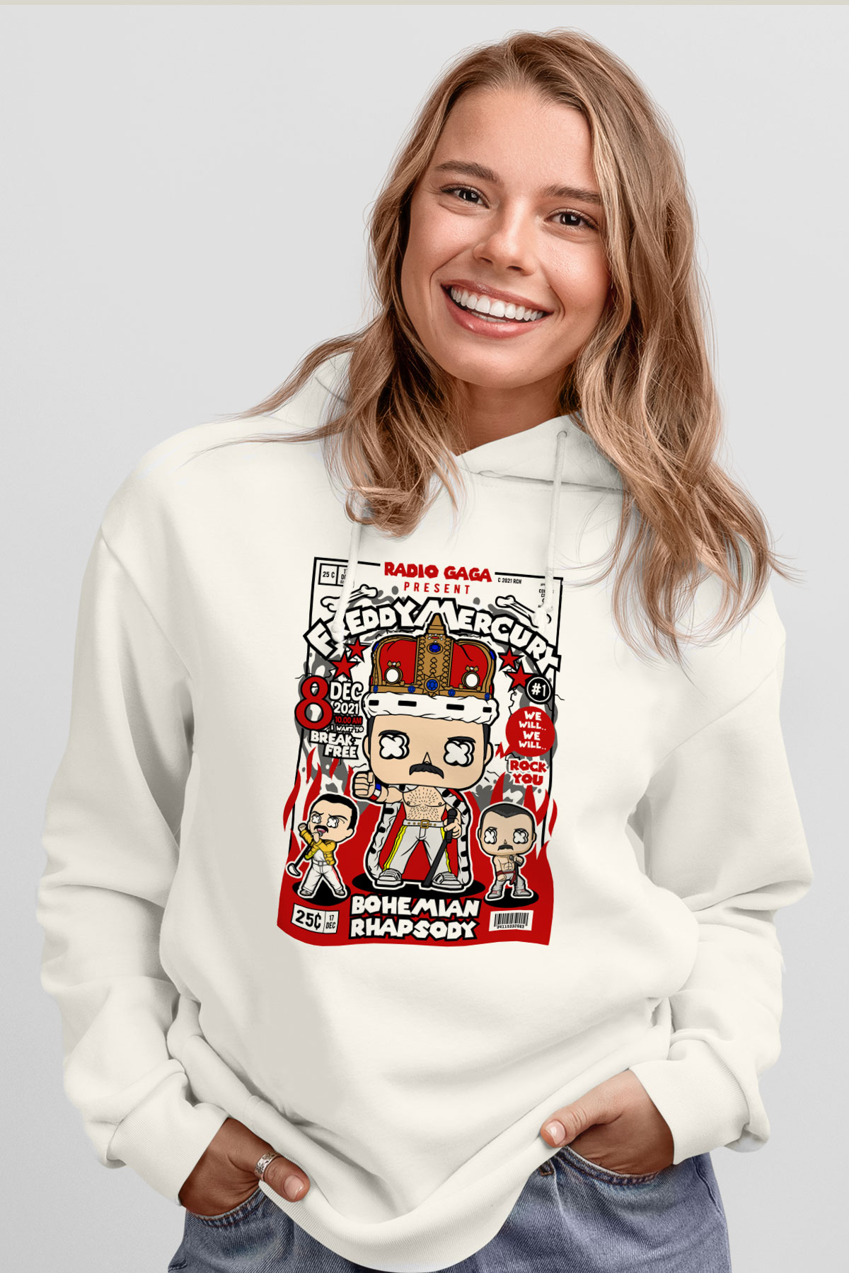 Freddy Mercury Baskılı Unisex Beyaz Hoodie