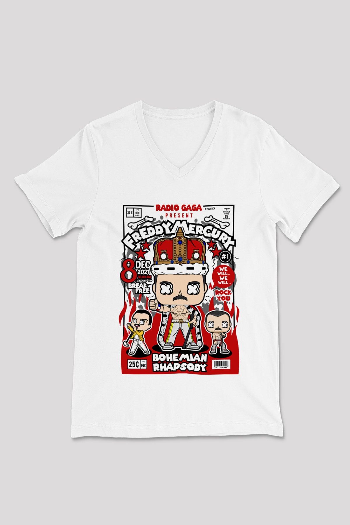 Freddy Mercury Baskılı Unisex Beyaz V Yaka Tişört