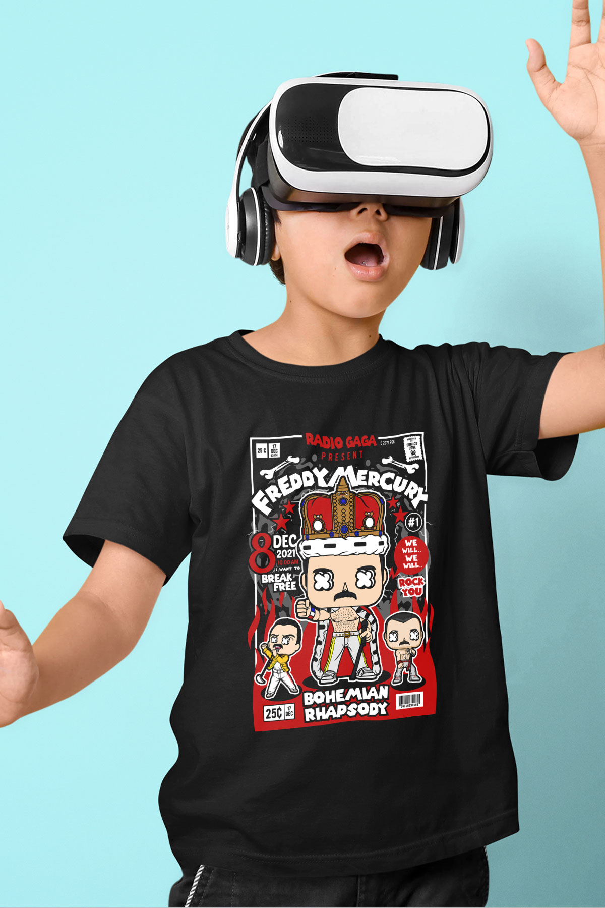 Freddy Mercury Baskılı Unisex Siyah Çocuk Tişört