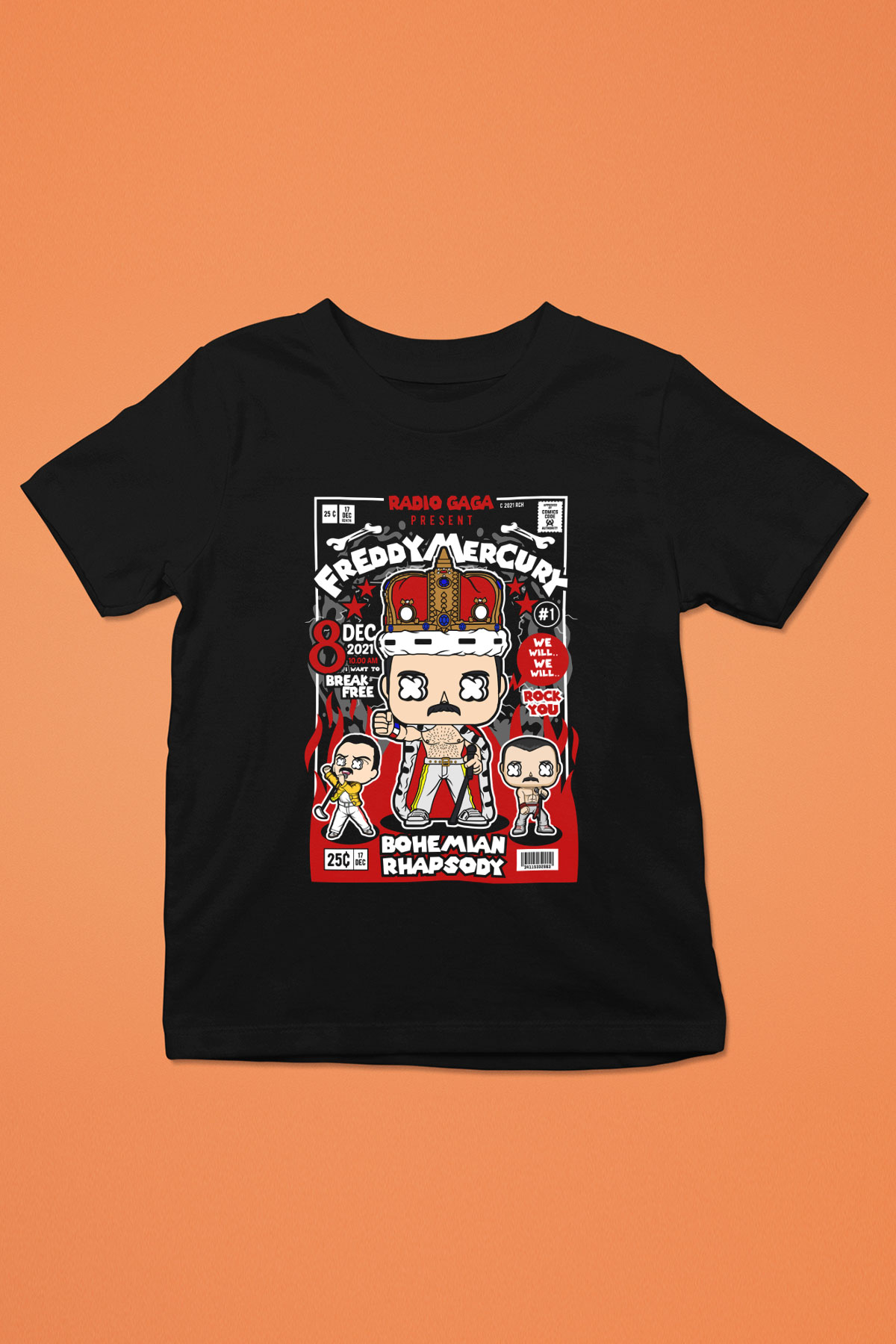 Freddy Mercury Baskılı Unisex Siyah Çocuk Tişört