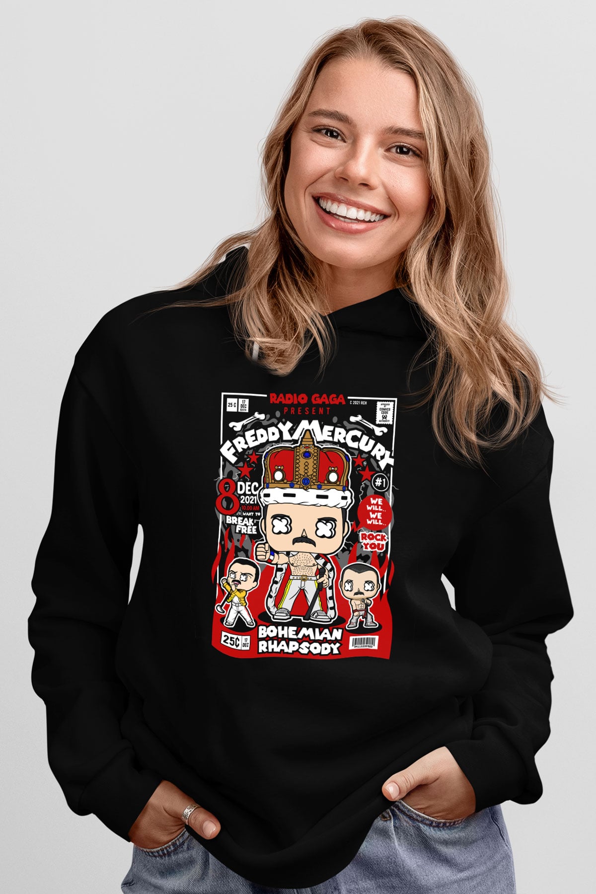 Freddy Mercury Baskılı Unisex Siyah Hoodie