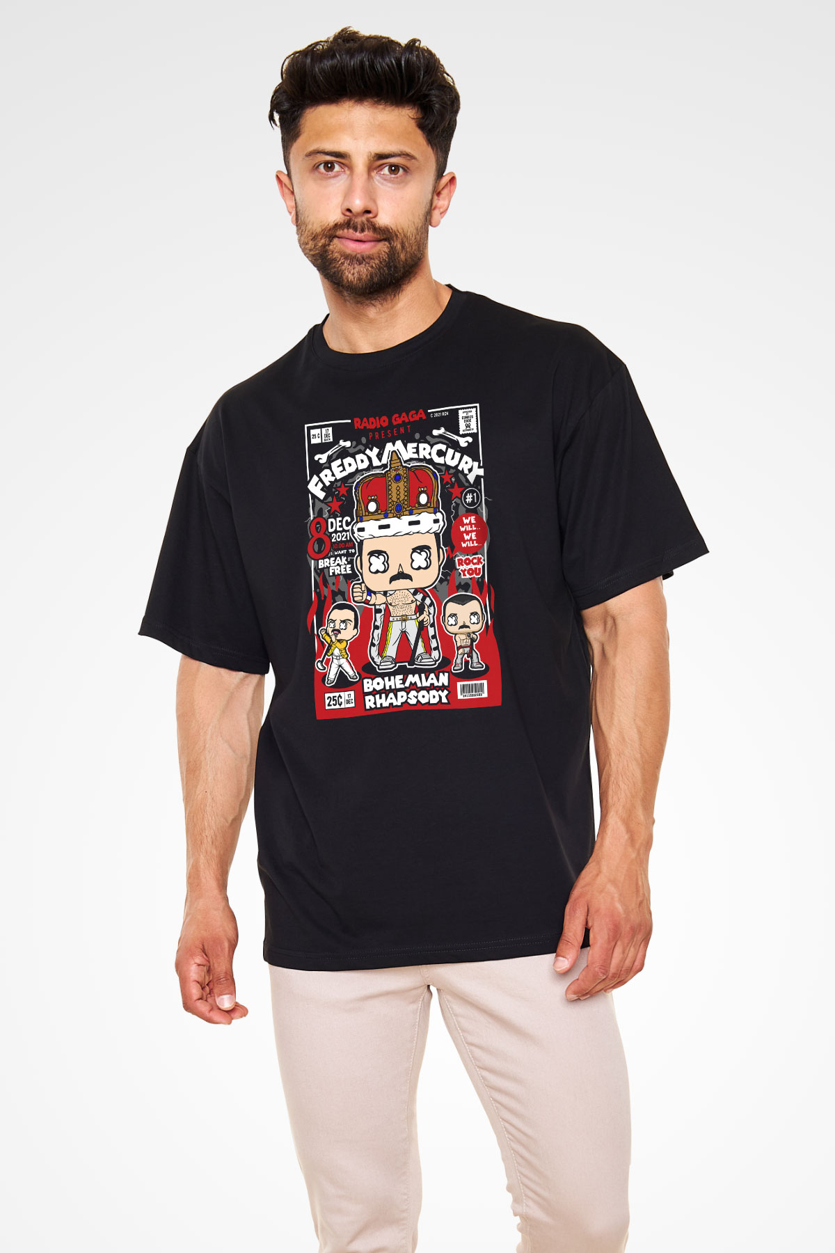 Freddy Mercury Baskılı Unisex Siyah Oversize Tişört