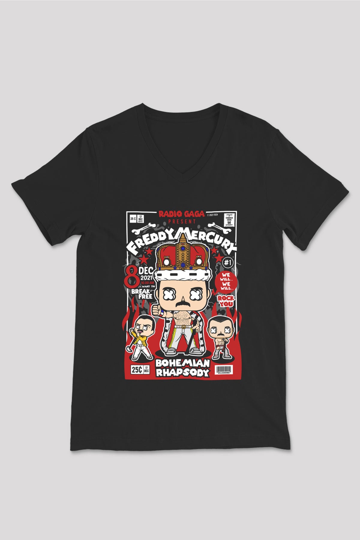 Freddy Mercury Baskılı Unisex Siyah V Yaka Tişört