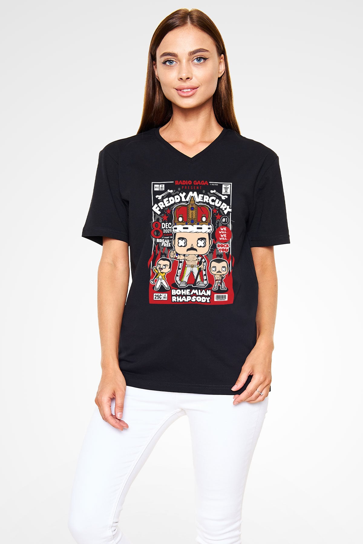 Freddy Mercury Baskılı Unisex Siyah V Yaka Tişört