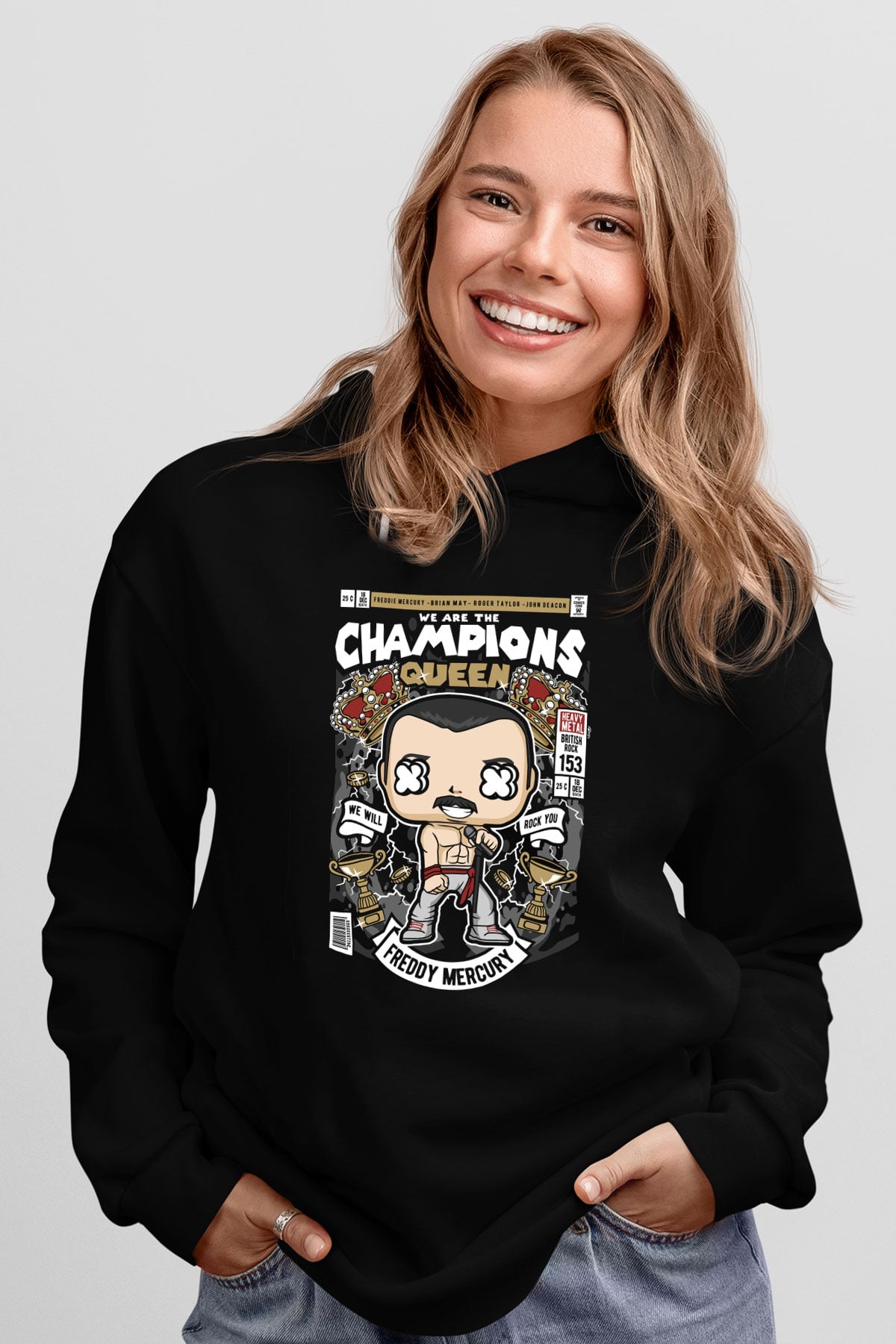 Freddy Queen Baskılı Unisex Siyah Hoodie
