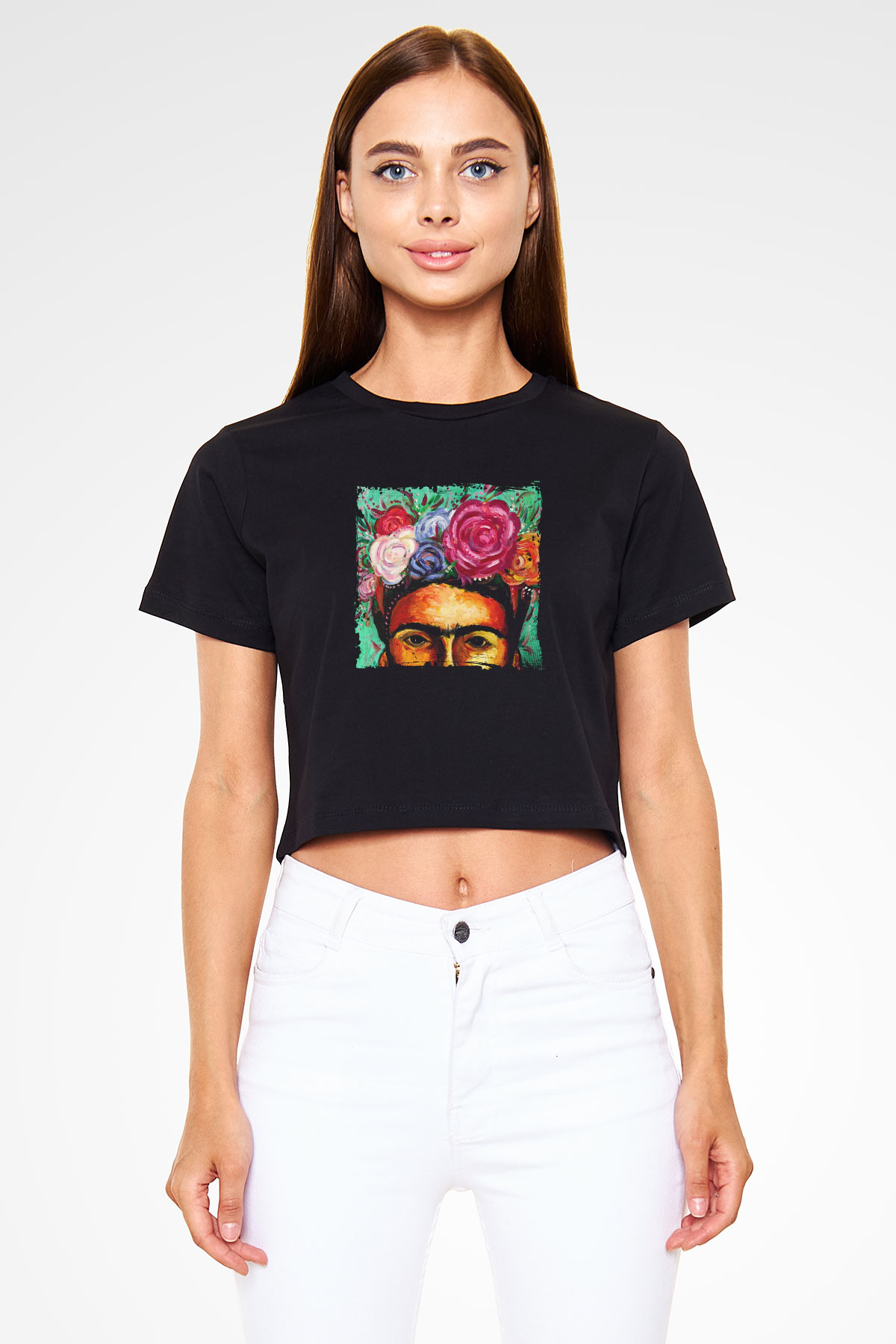 Frida Kahlo Baskılı Siyah Kadın Crop Top Tişört