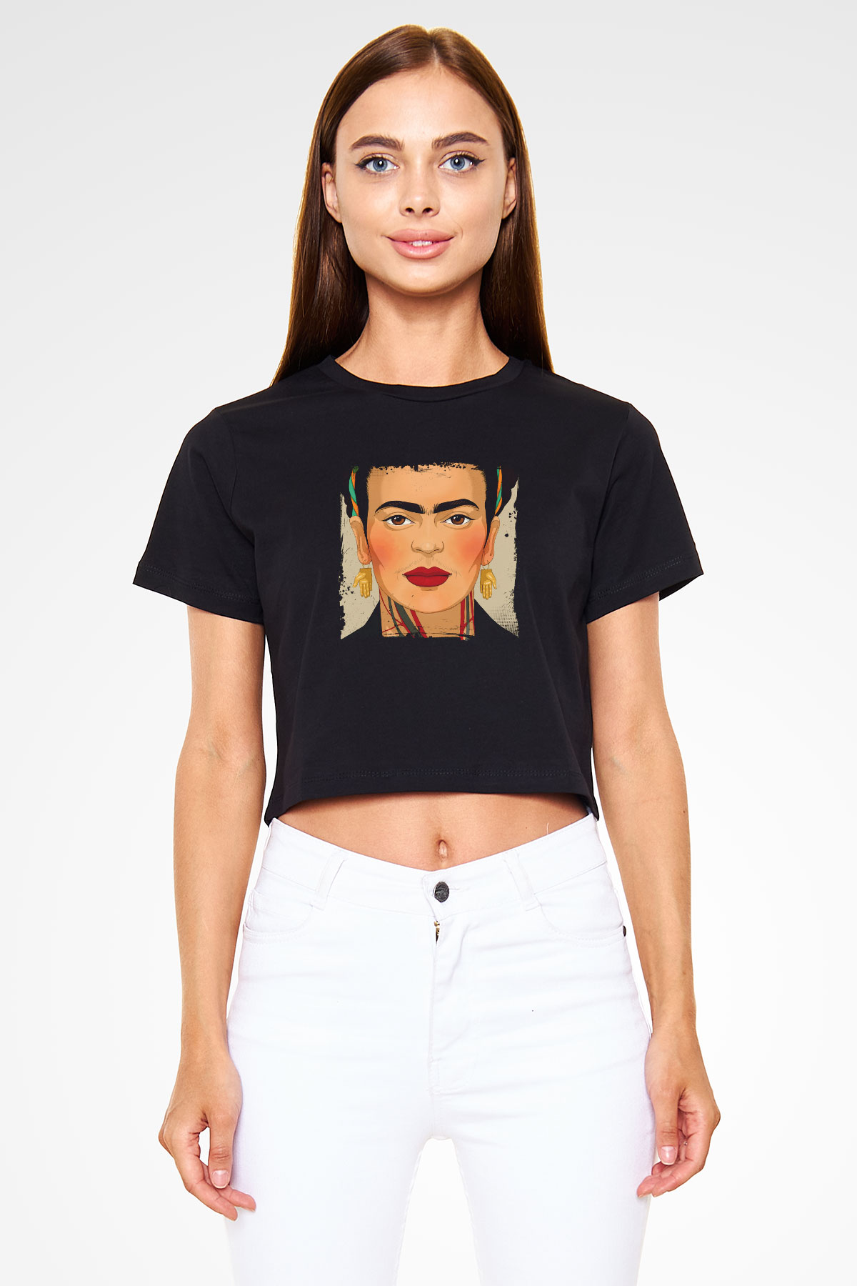 Frida Kahlo Baskılı Siyah Kadın Crop Top Tişört