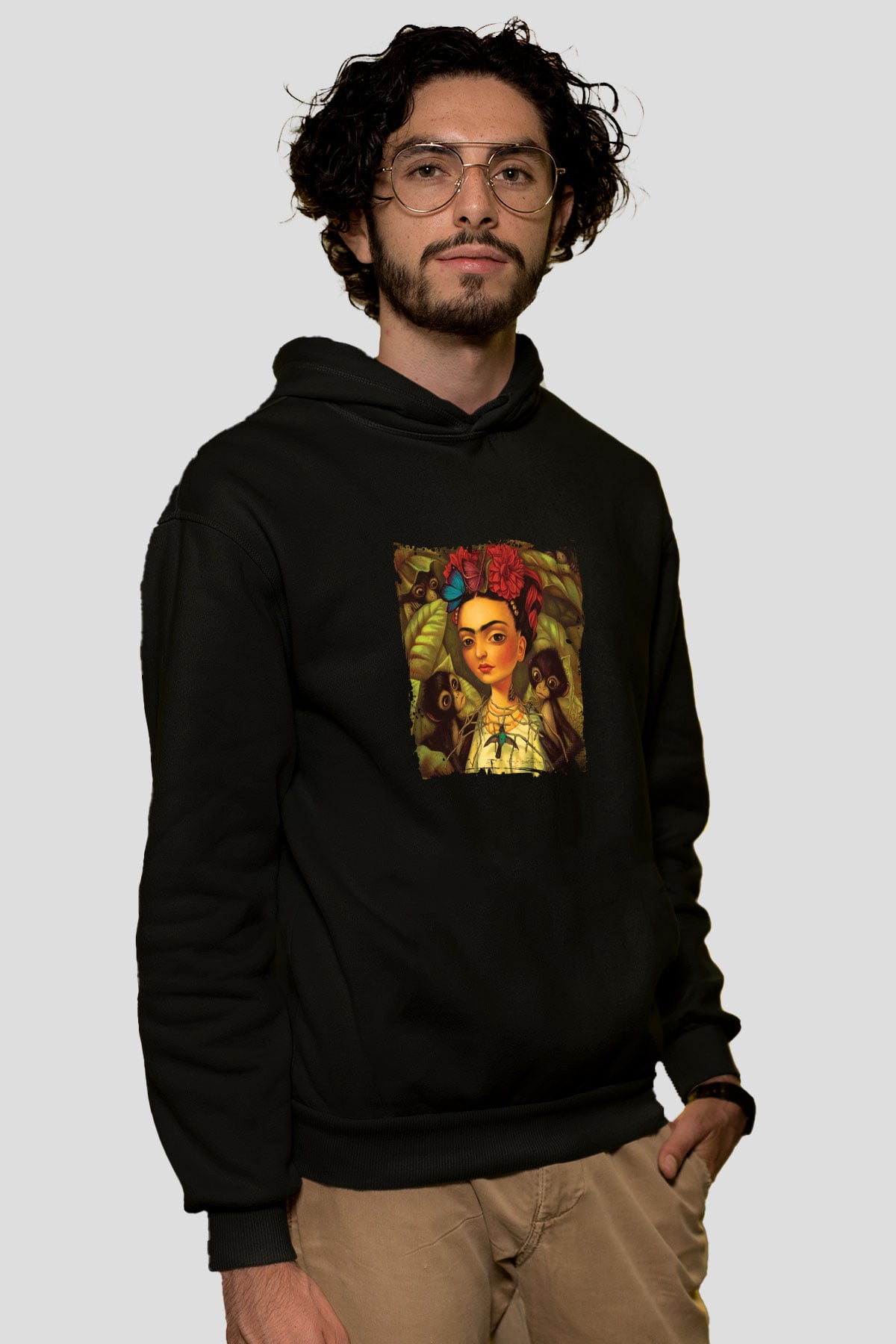 Frida Kahlo Baskılı Unisex Siyah Hoodie