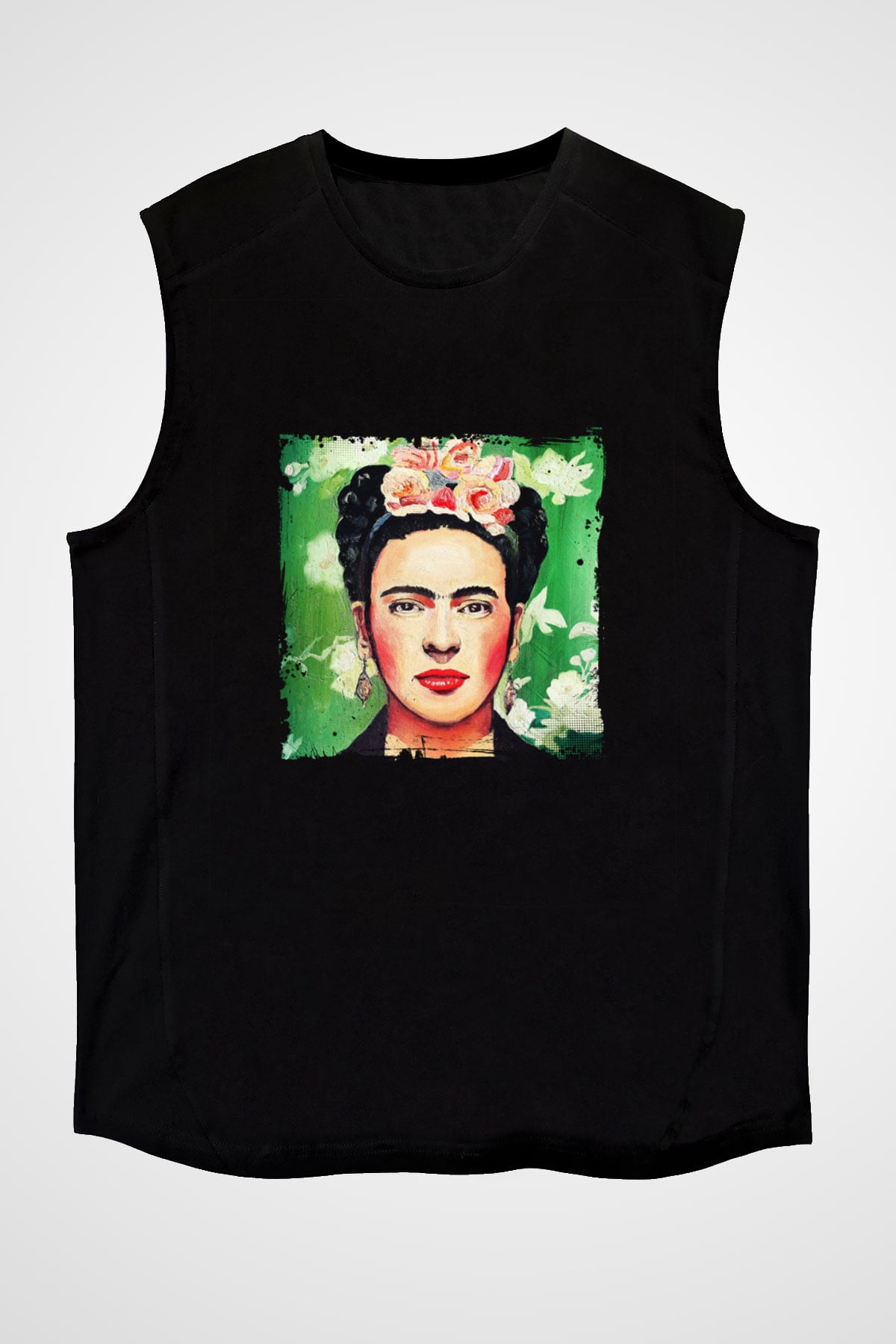 Frida Kahlo Baskılı Unisex Siyah Kolsuz Tişört