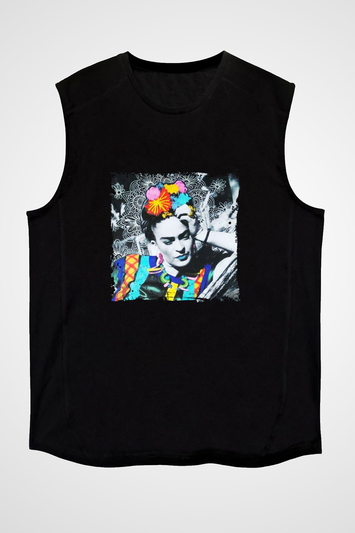 Frida Kahlo Baskılı Unisex Siyah Kolsuz Tişört