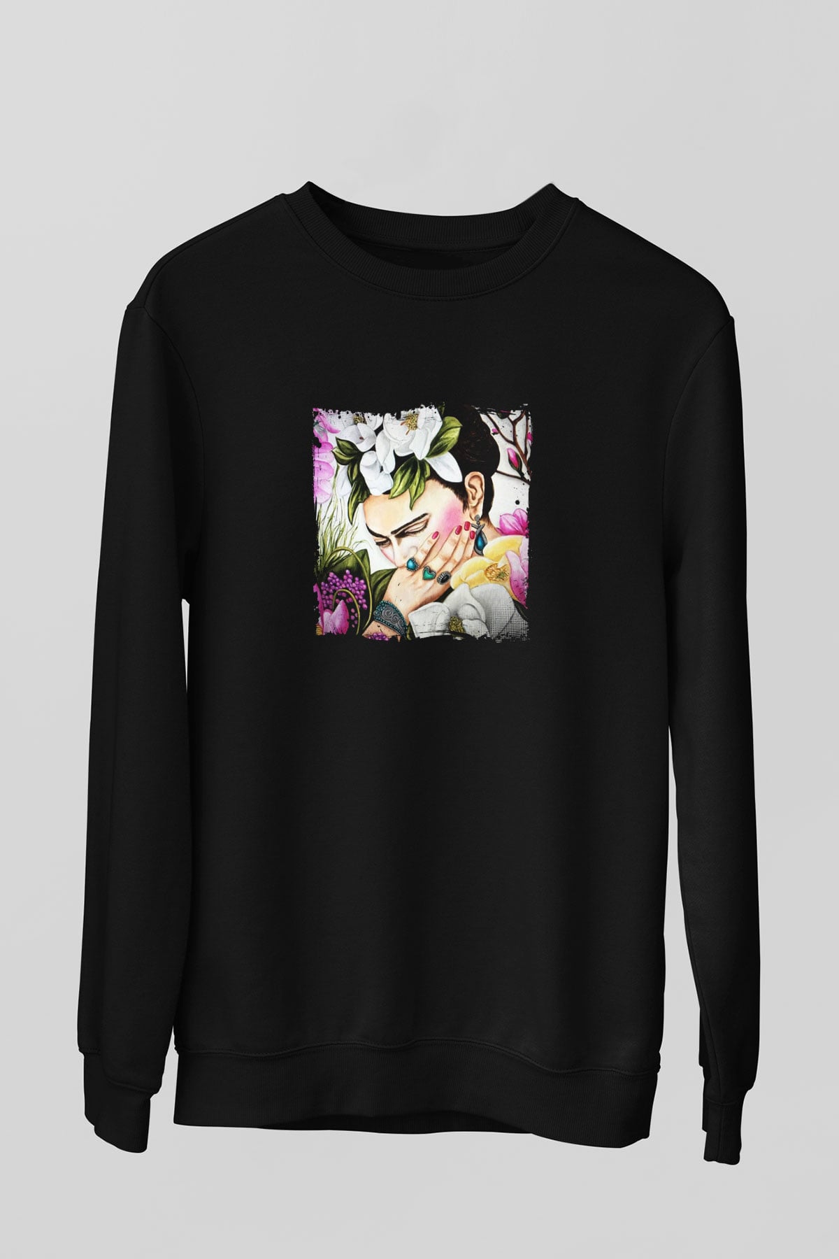 Frida Kahlo Baskılı Unisex Siyah Sweatshirt