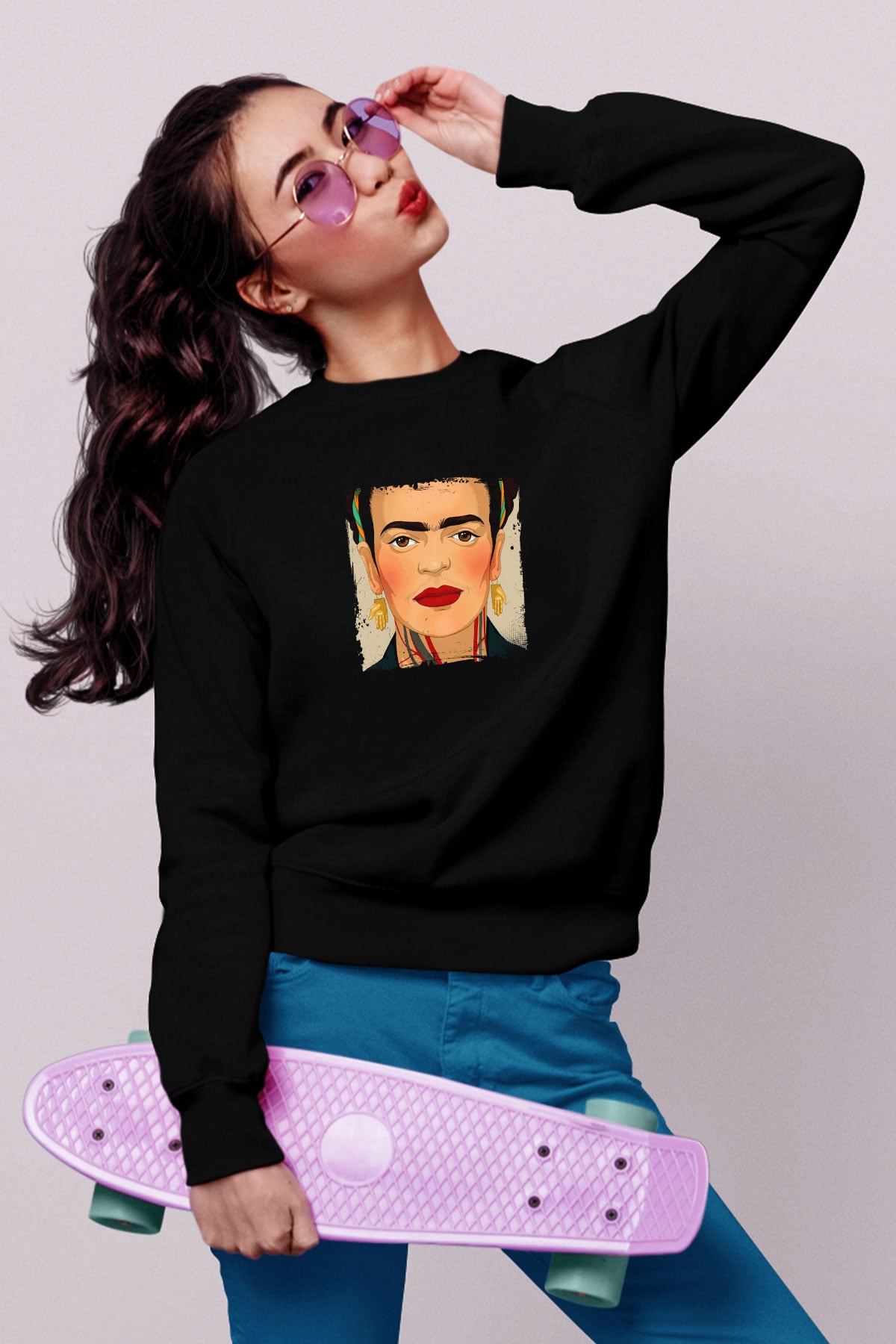 Frida Kahlo Baskılı Unisex Siyah Sweatshirt