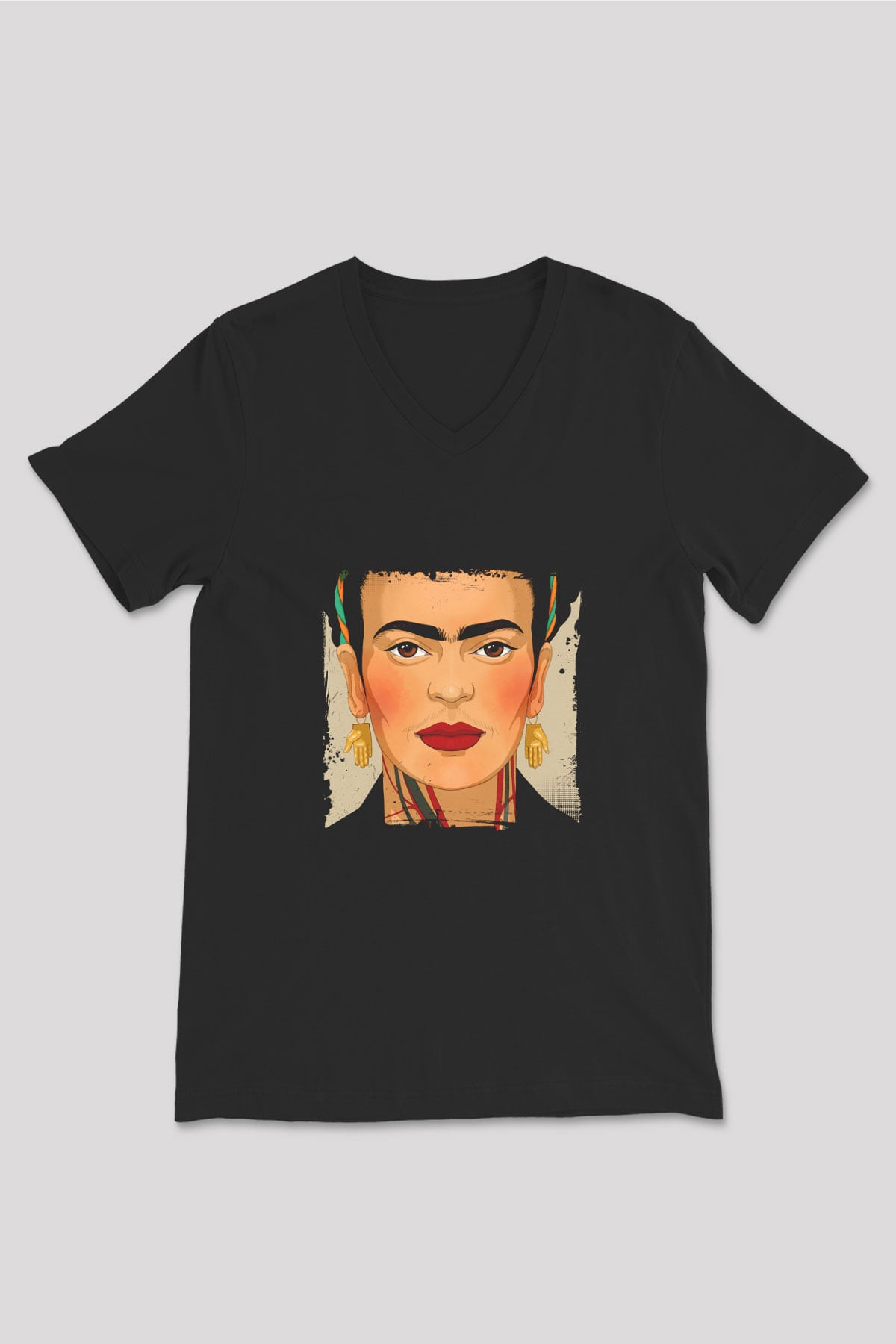 Frida Kahlo Baskılı Unisex Siyah V Yaka Tişört