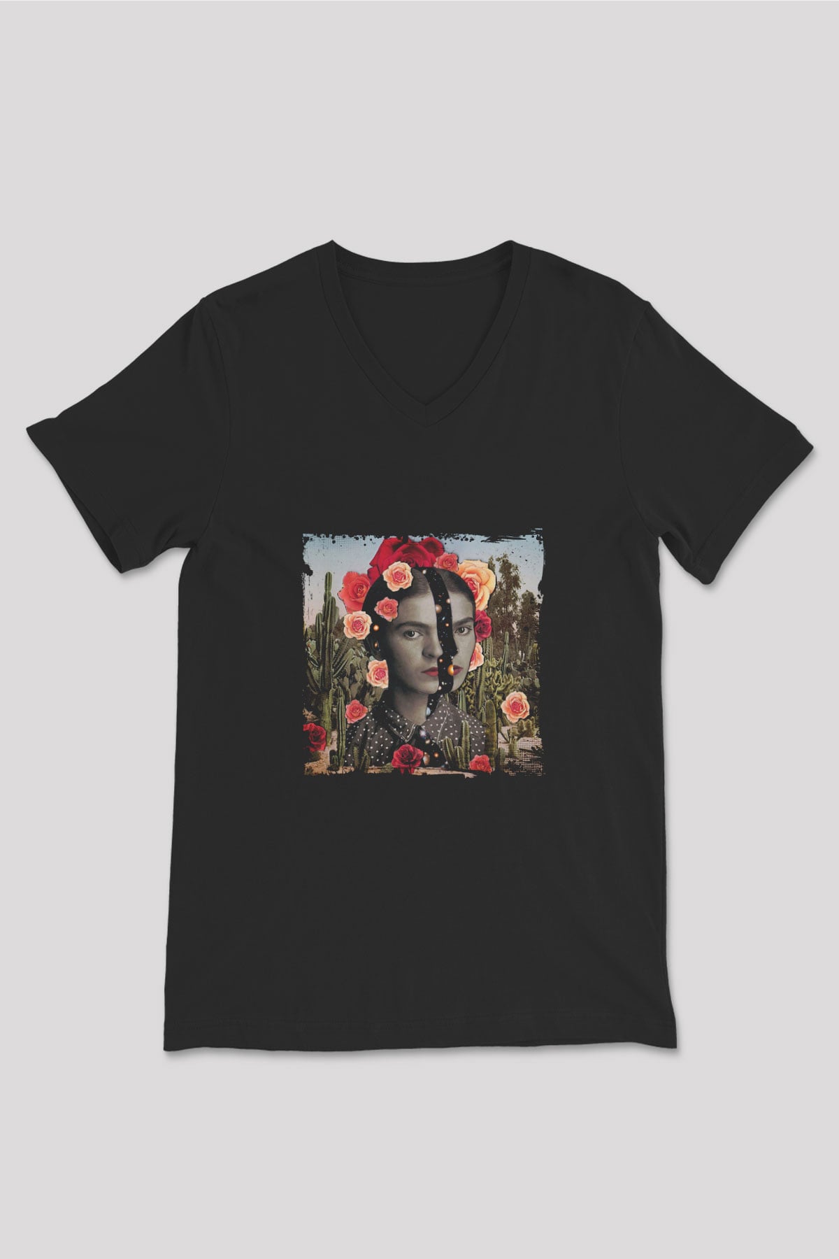 Frida Kahlo Baskılı Unisex Siyah V Yaka Tişört