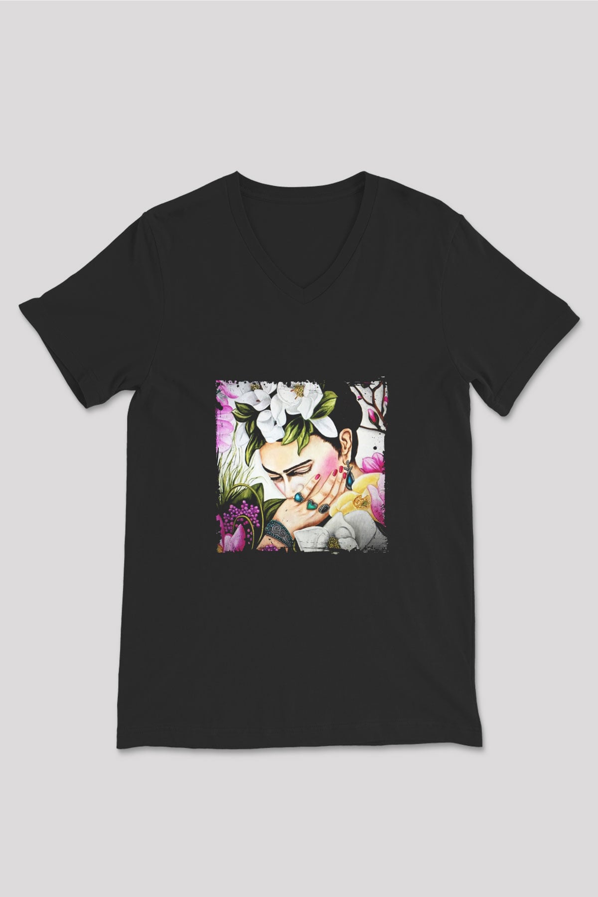 Frida Kahlo Baskılı Unisex Siyah V Yaka Tişört