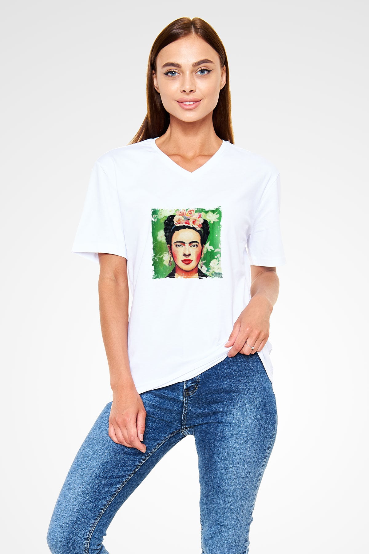 Frida Kahlo Baskılı V Yaka Unisex Beyaz Tişört