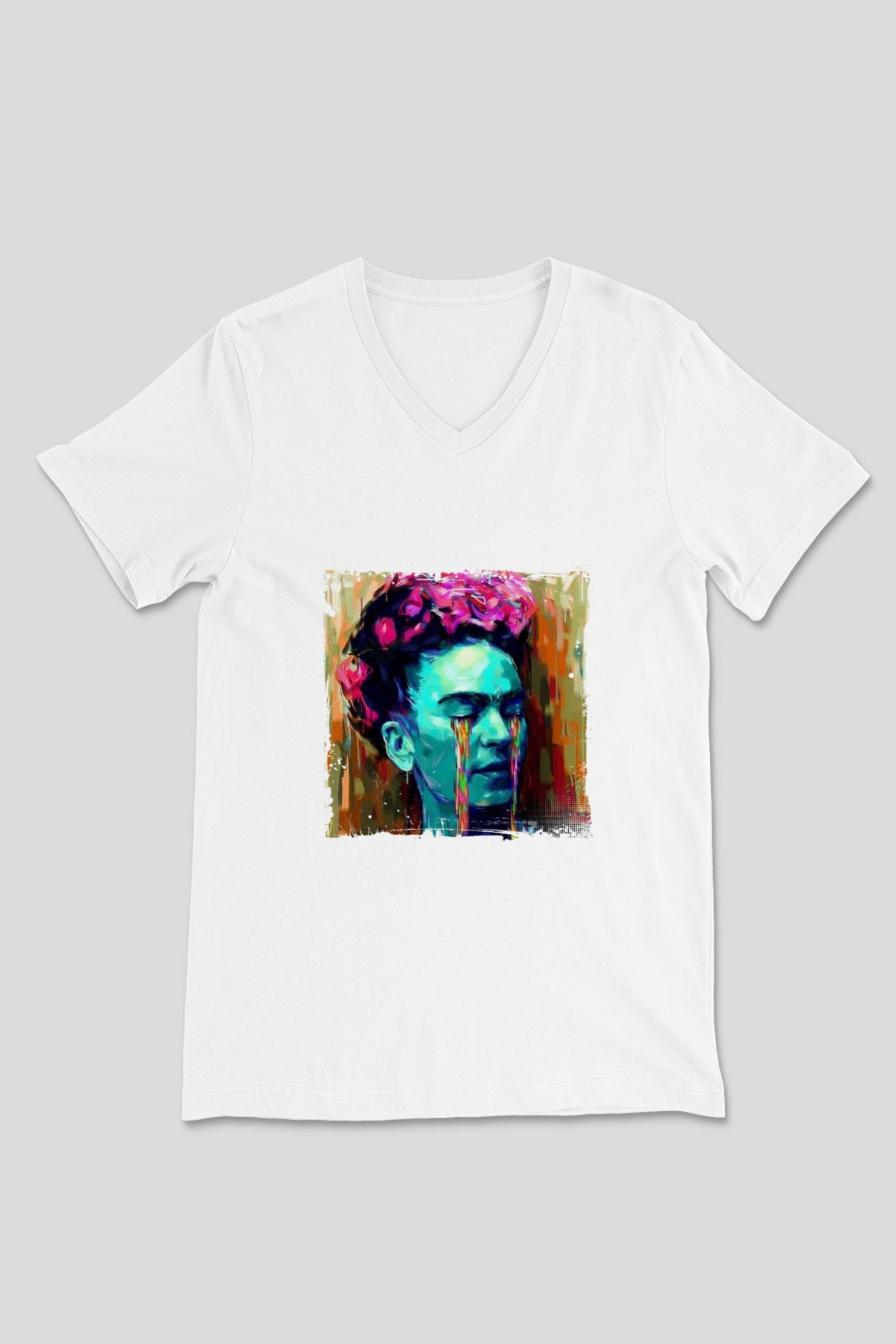 Frida Kahlo Baskılı V Yaka Unisex Beyaz Tişört