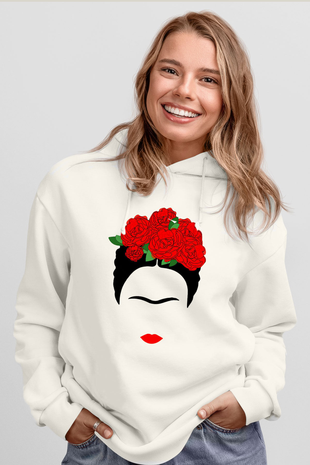 Frida Kahlo Beyaz Unisex Kapşonlu Sweatshirt
